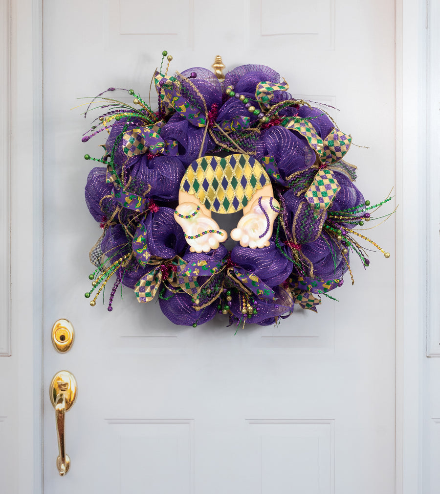 10" Wooden Baby Bottom Sign: Glitter Harlequin Mardi Gras