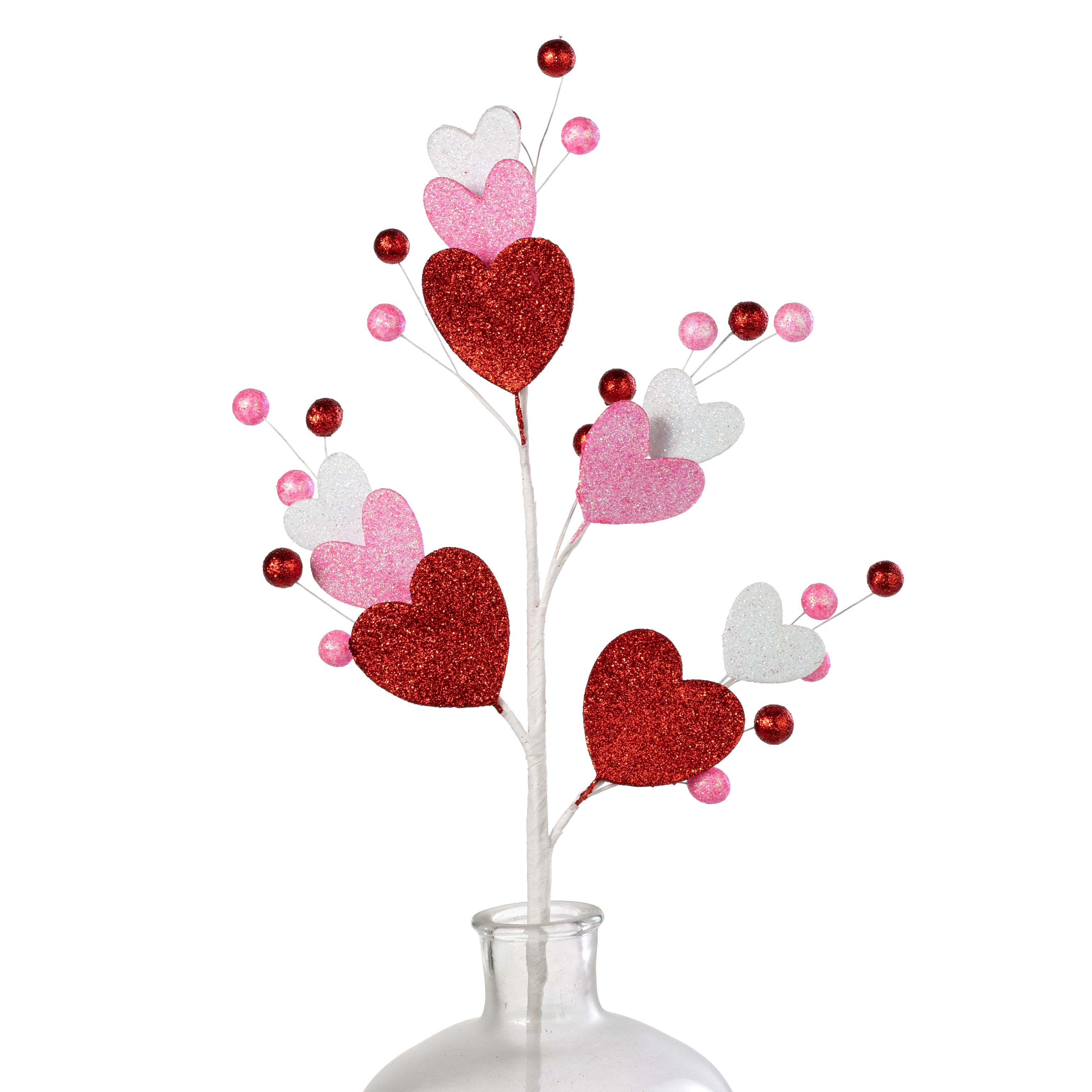 28" Glittered Hearts & Balls Spray: Red, Pink & White