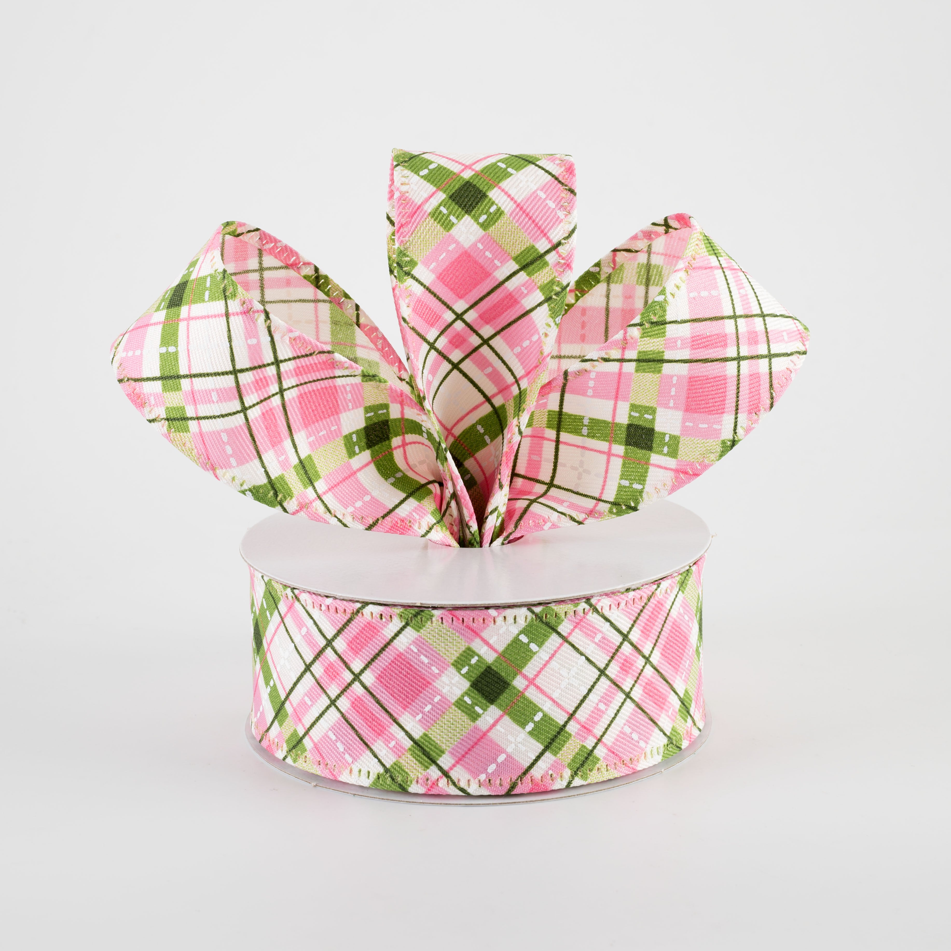 1.5" Cream Linen Argyle Plaid Ribbon: Pink, Moss Green & White (10 Yards)
