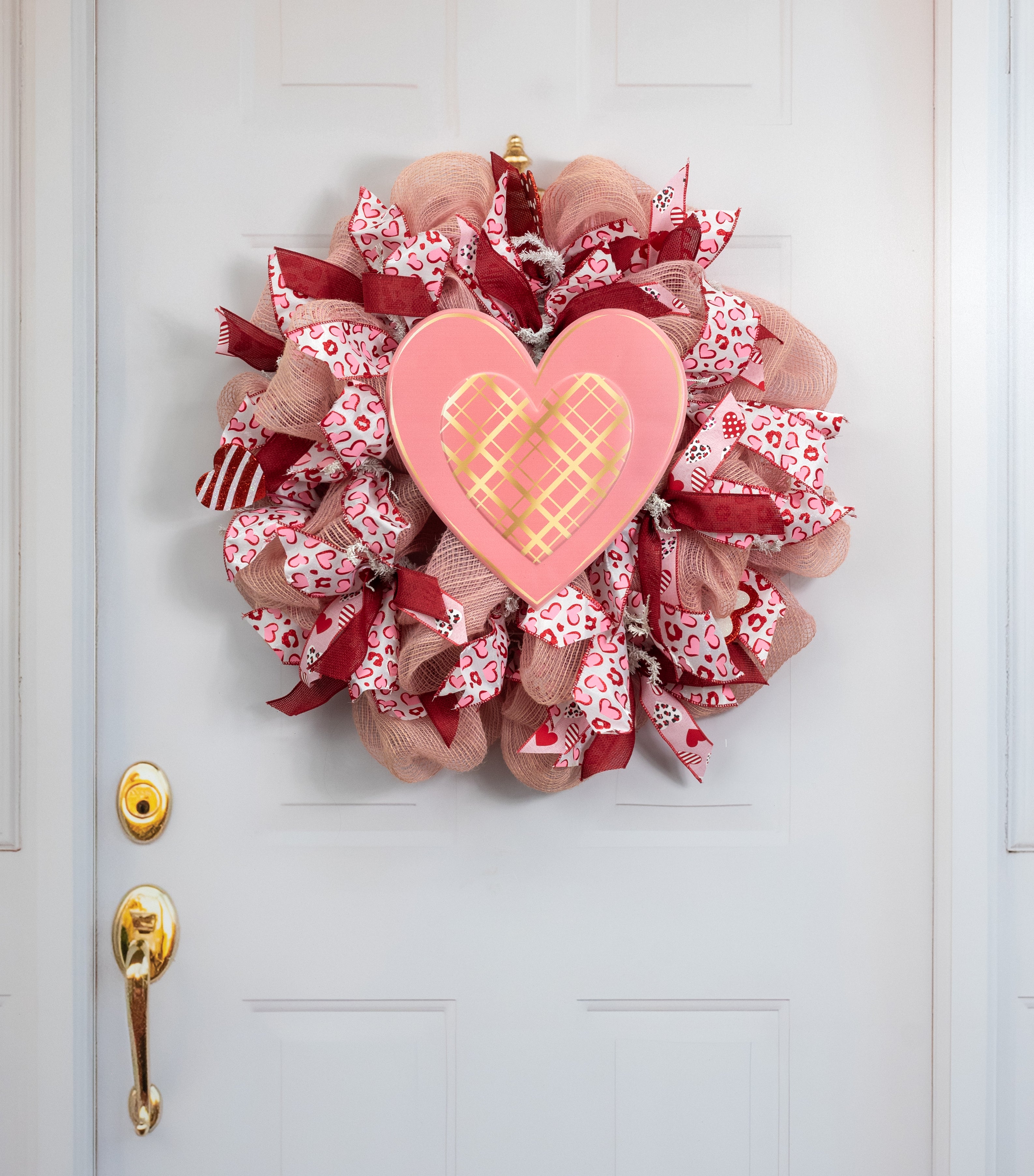 12" Metal Embossed Hanger: Pink & Gold Plaid Heart