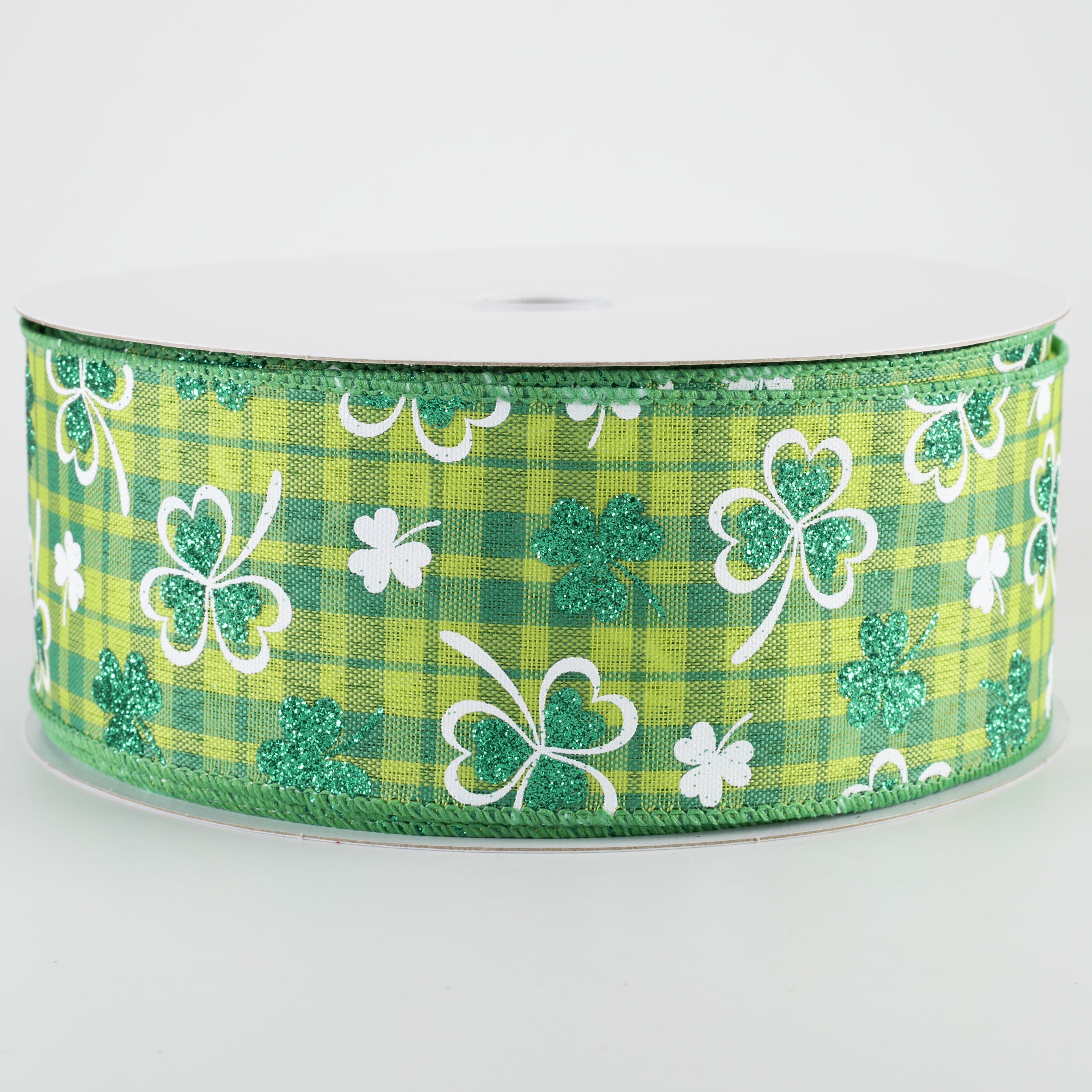 2.5" Glitter Shamrocks on Green Plaid Ribbon (50 Yards)