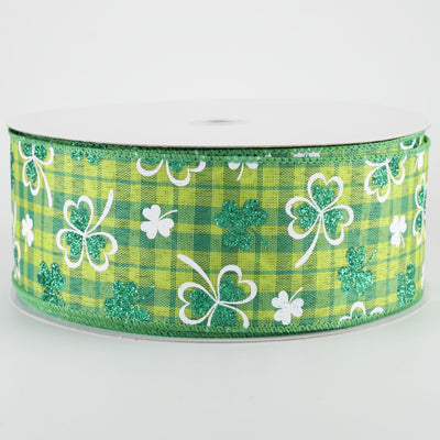 2.5" Glitter Shamrocks on Green Plaid Ribbon (50 Yards)