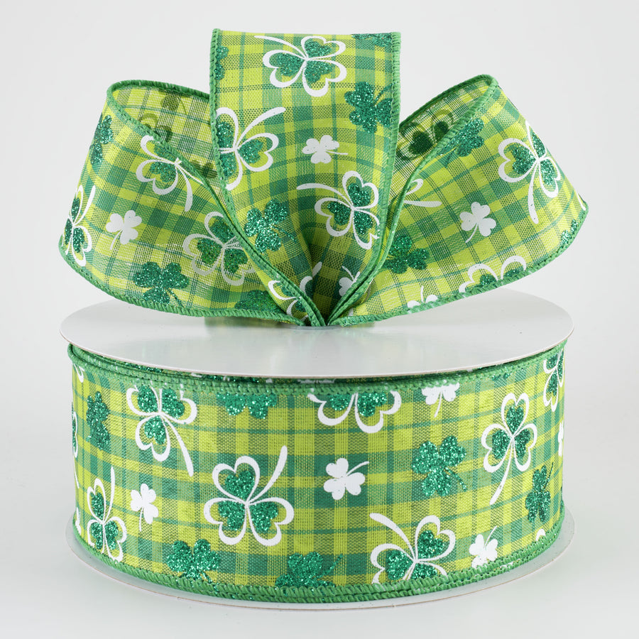 2.5" Glitter Shamrocks on Green Plaid Ribbon (50 Yards)