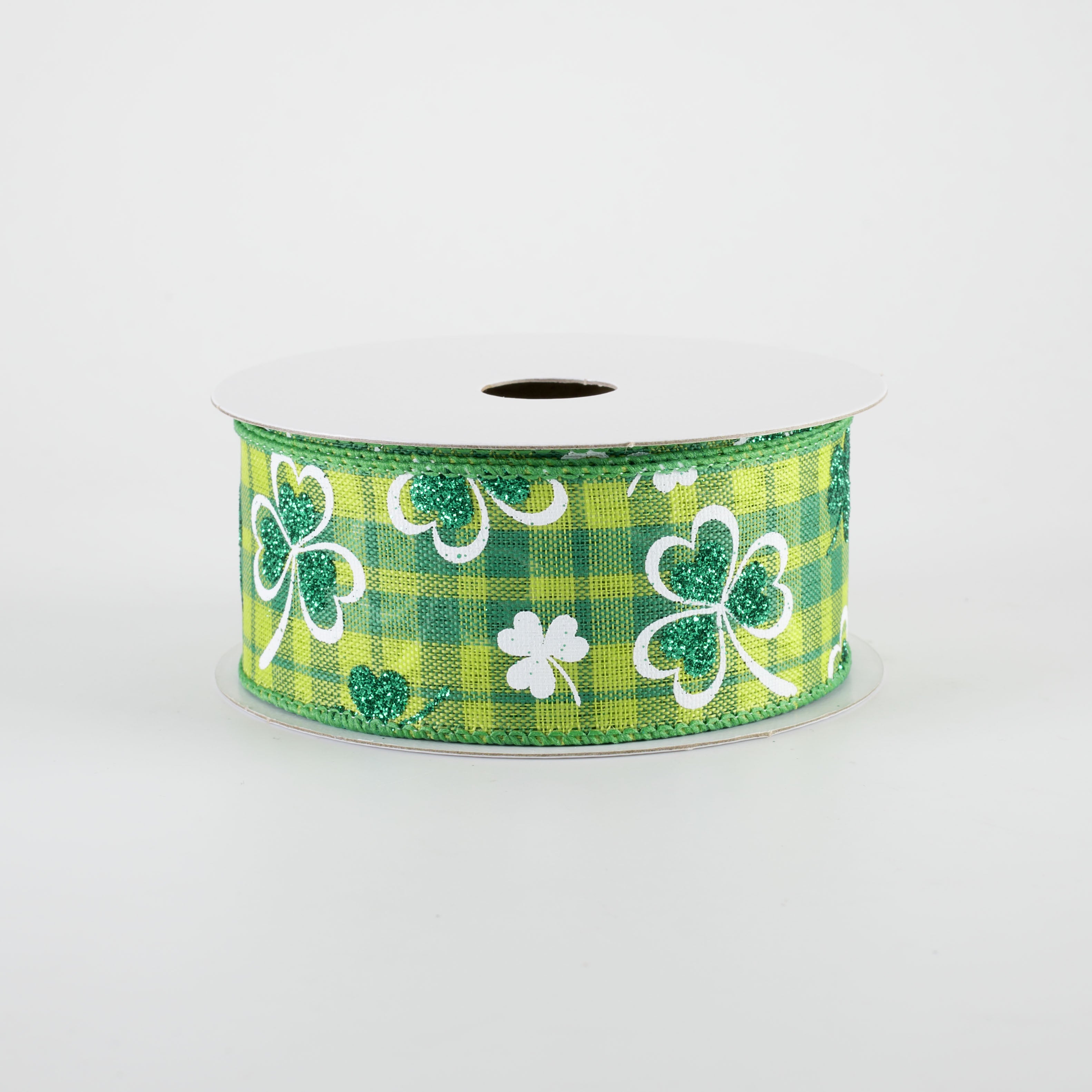 1.5" Glitter Shamrocks on Green Plaid Ribbon (10 Yards)