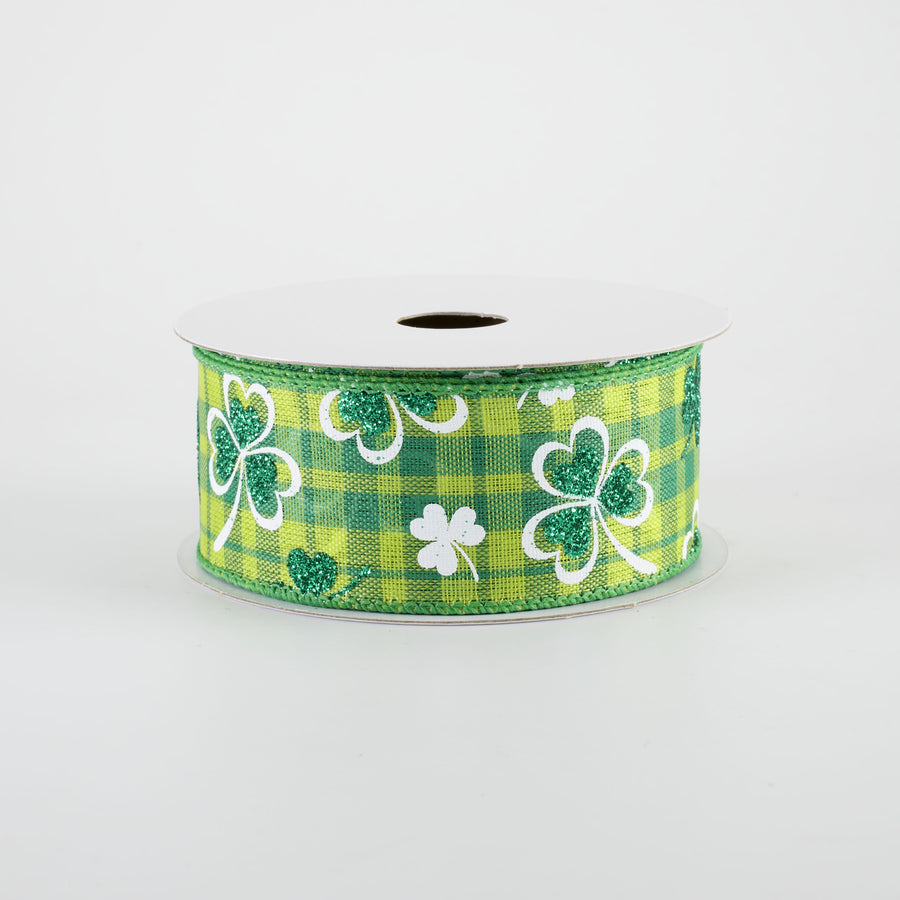 1.5" Glitter Shamrocks on Green Plaid Ribbon (10 Yards)