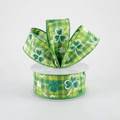 1.5" Glitter Shamrocks on Green Plaid Ribbon (10 Yards)