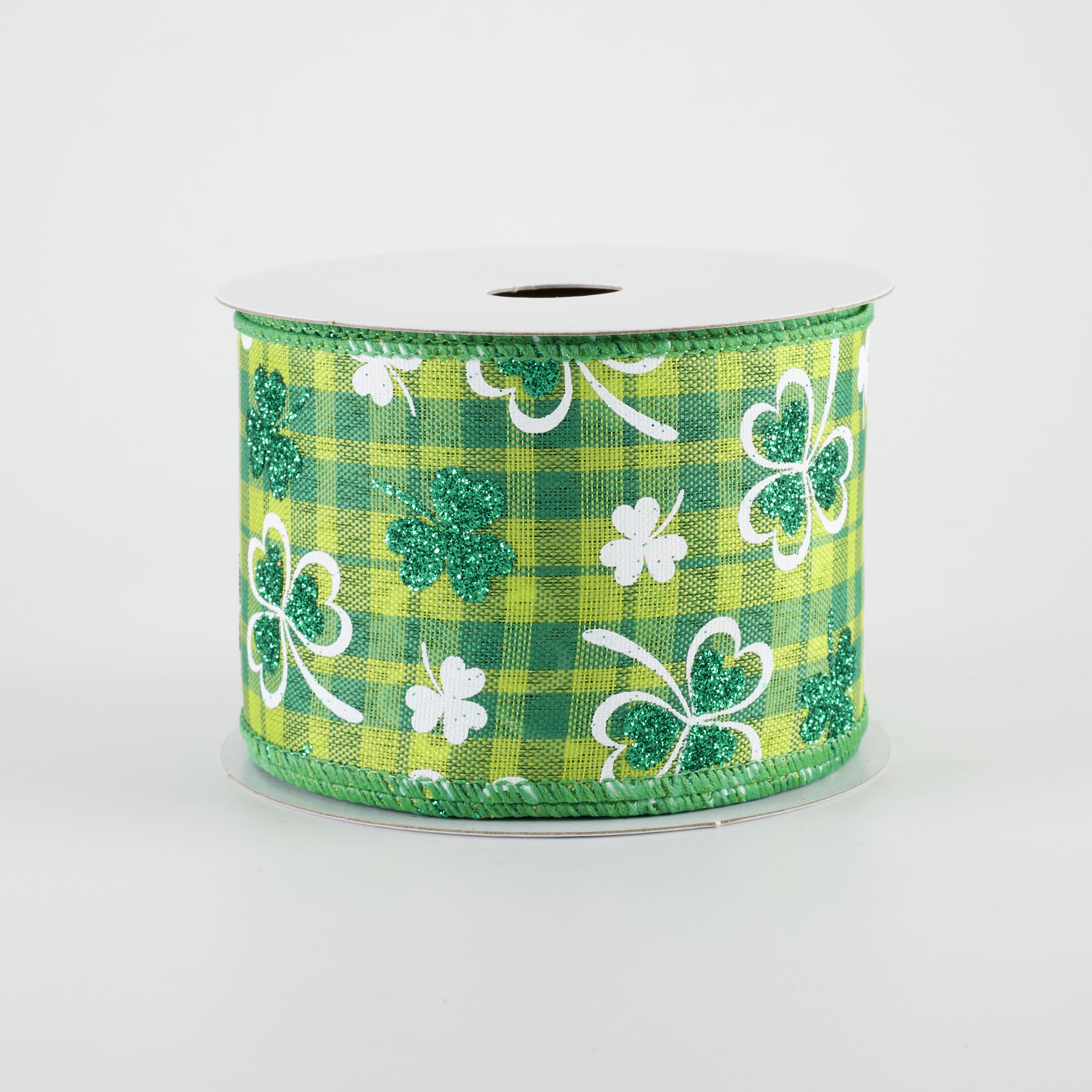 2.5" Glitter Shamrocks on Green Plaid Ribbon (10 Yards)