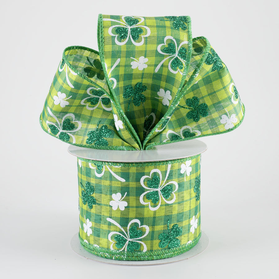 2.5" Glitter Shamrocks on Green Plaid Ribbon (10 Yards)