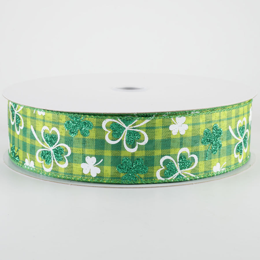 1.5" Glitter Shamrocks on Green Plaid Ribbon (50 Yards)