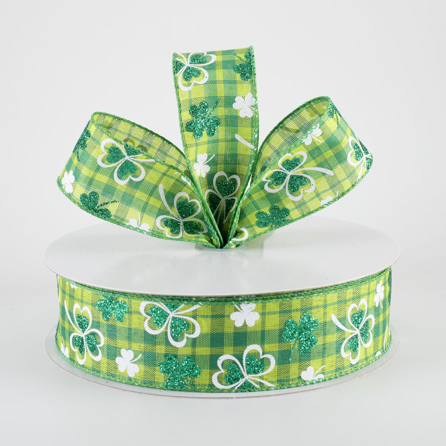 1.5" Glitter Shamrocks on Green Plaid Ribbon (50 Yards)