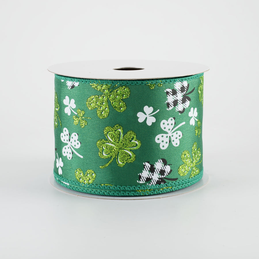 2.5" Patterned Glitter Shamrocks Ribbon: Emerald Green (10 Yards)