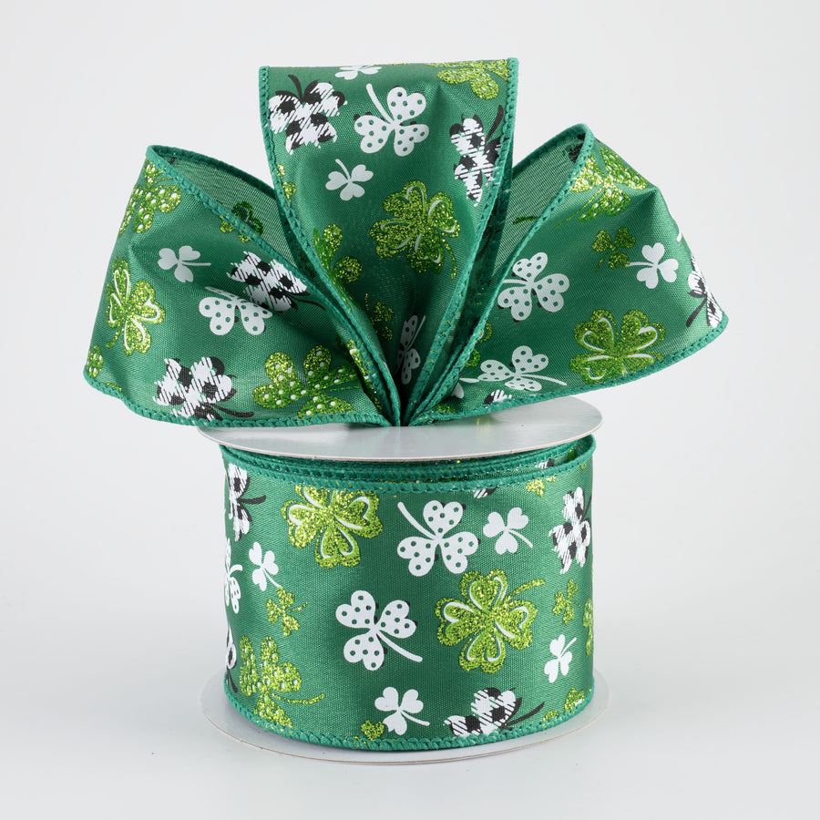 2.5" Patterned Glitter Shamrocks Ribbon: Emerald Green (10 Yards)