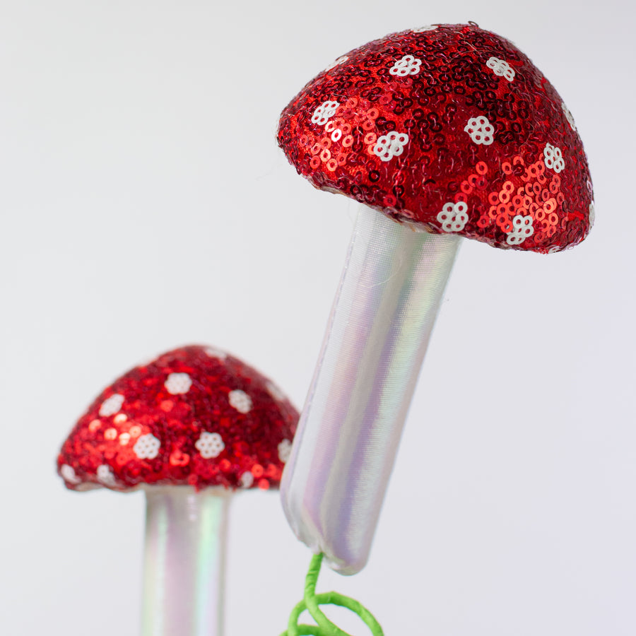 22" Sequin Polkadot Iridescent Mushroom Spray: Red