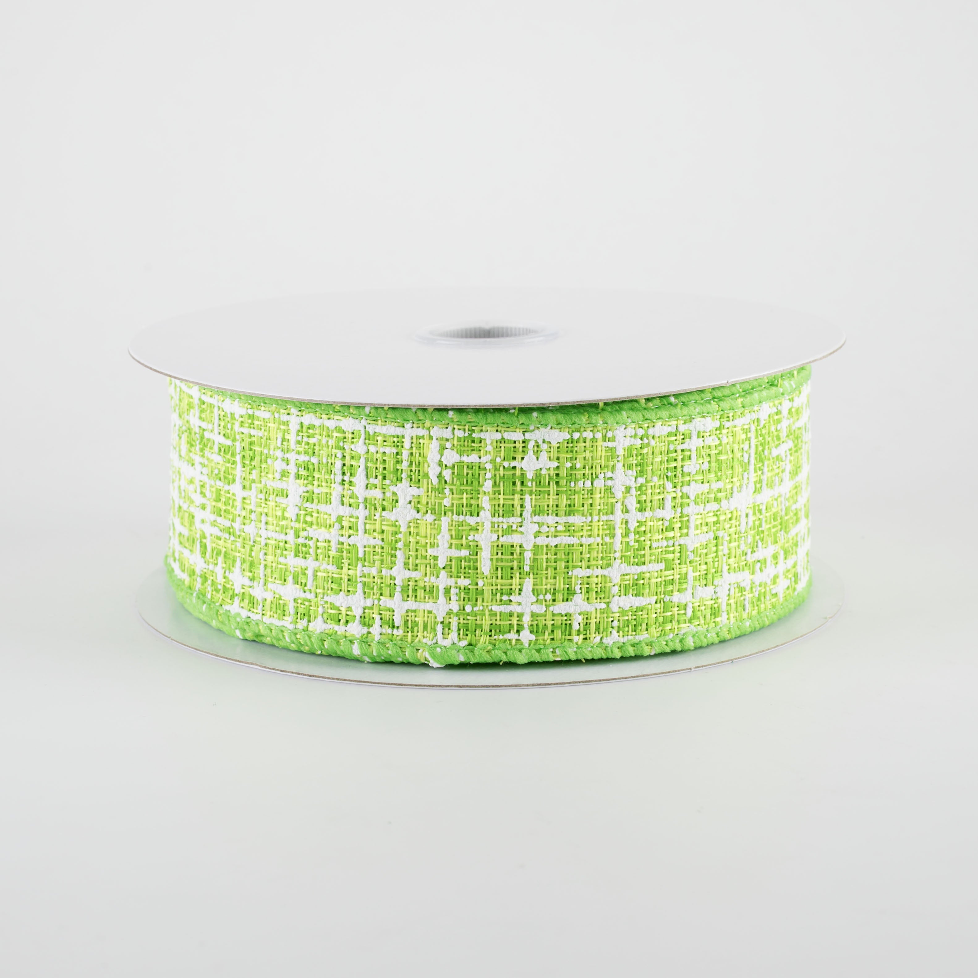 1.5" Embellished Tweed Ribbon: Lime Green & White (10 Yards)
