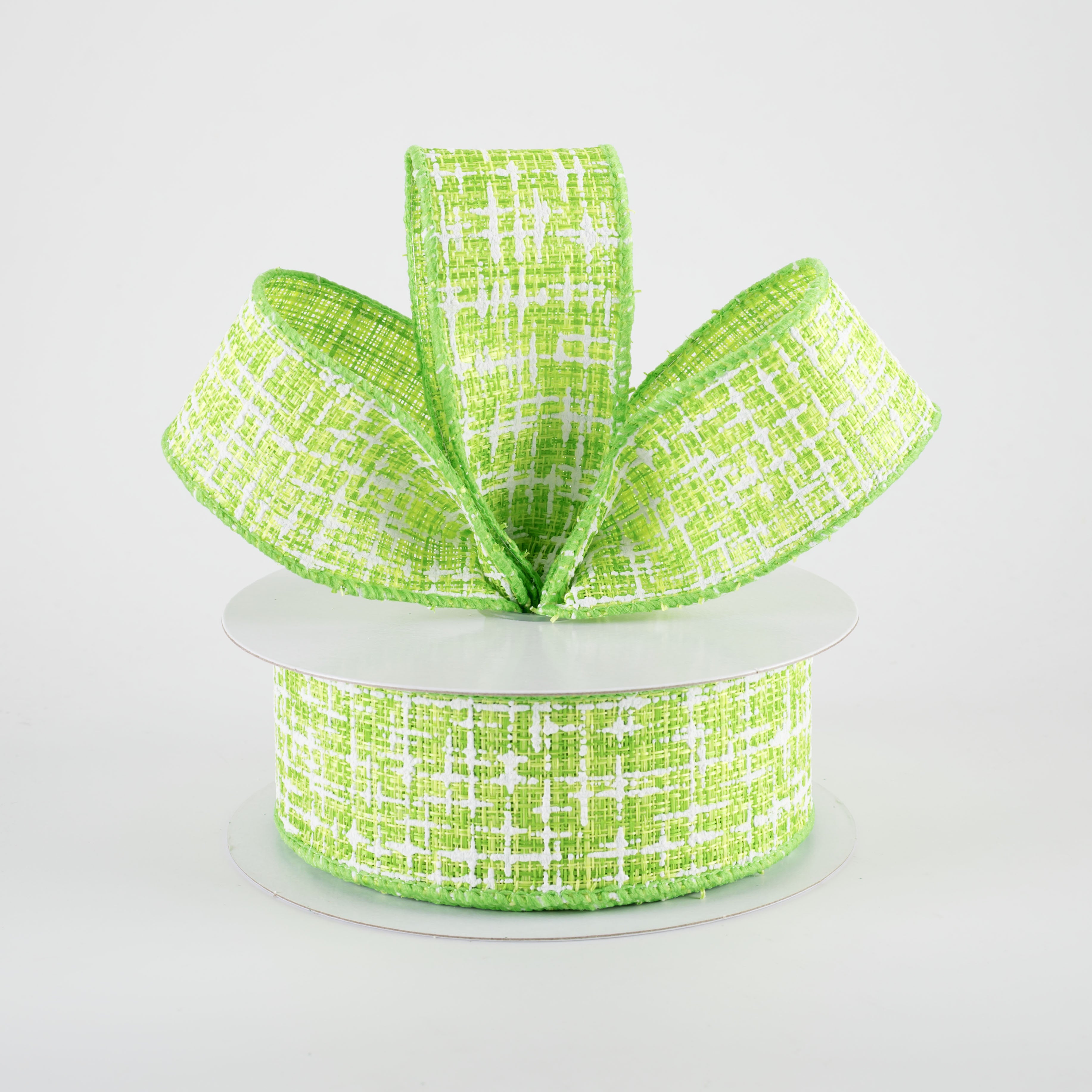 1.5" Embellished Tweed Ribbon: Lime Green & White (10 Yards)