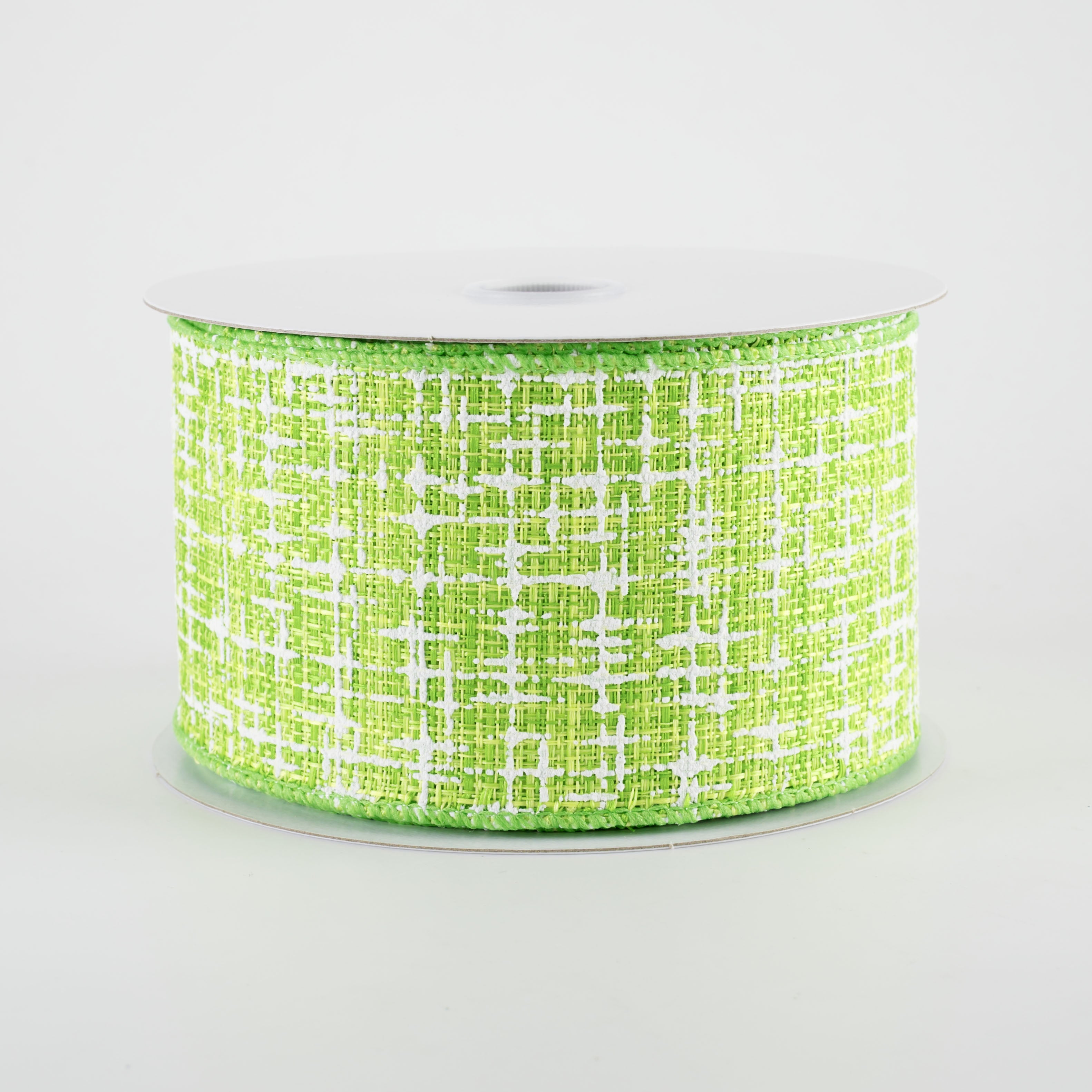 2.5" Embellished Tweed Ribbon: Lime Green & White (10 Yards)