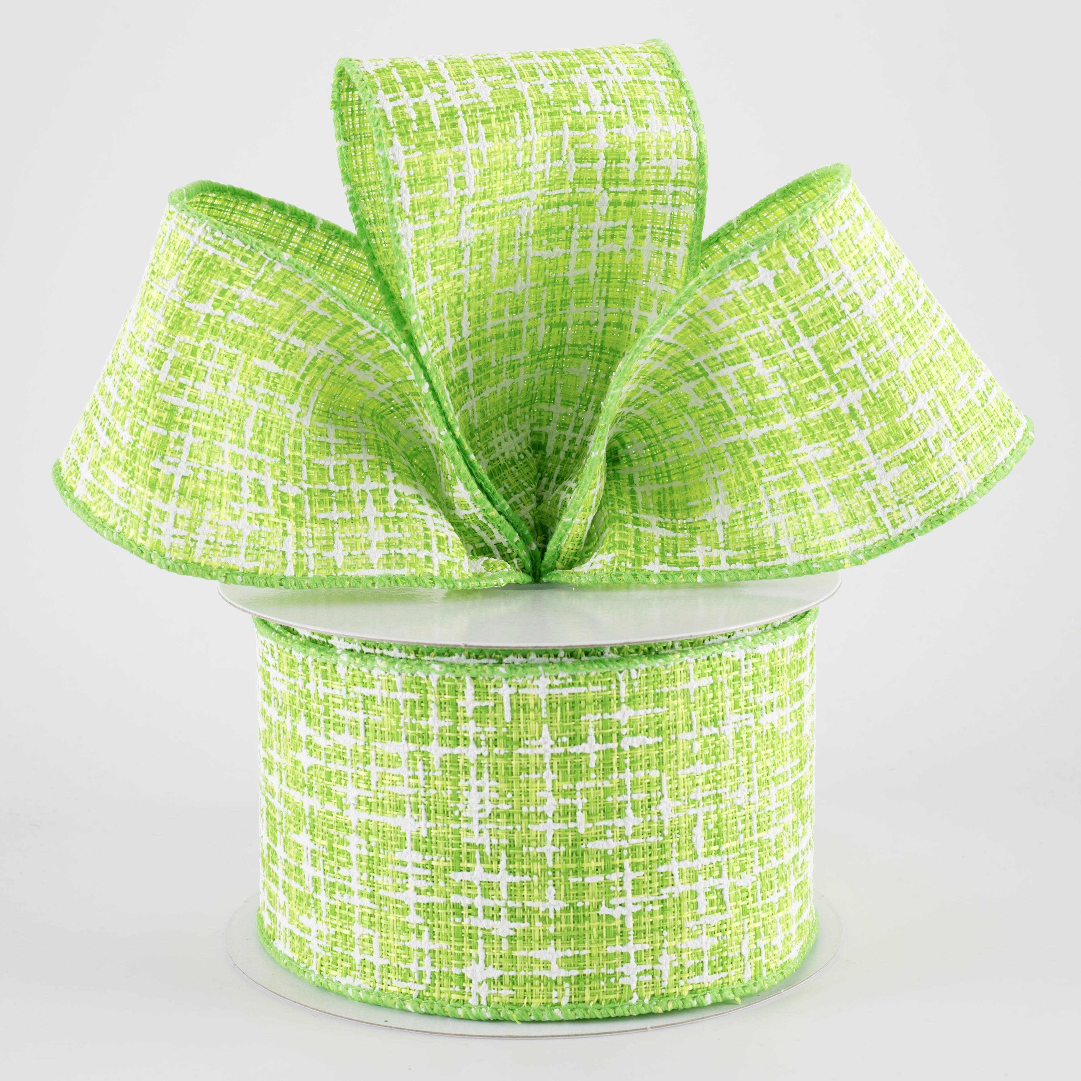 2.5" Embellished Tweed Ribbon: Lime Green & White (10 Yards)