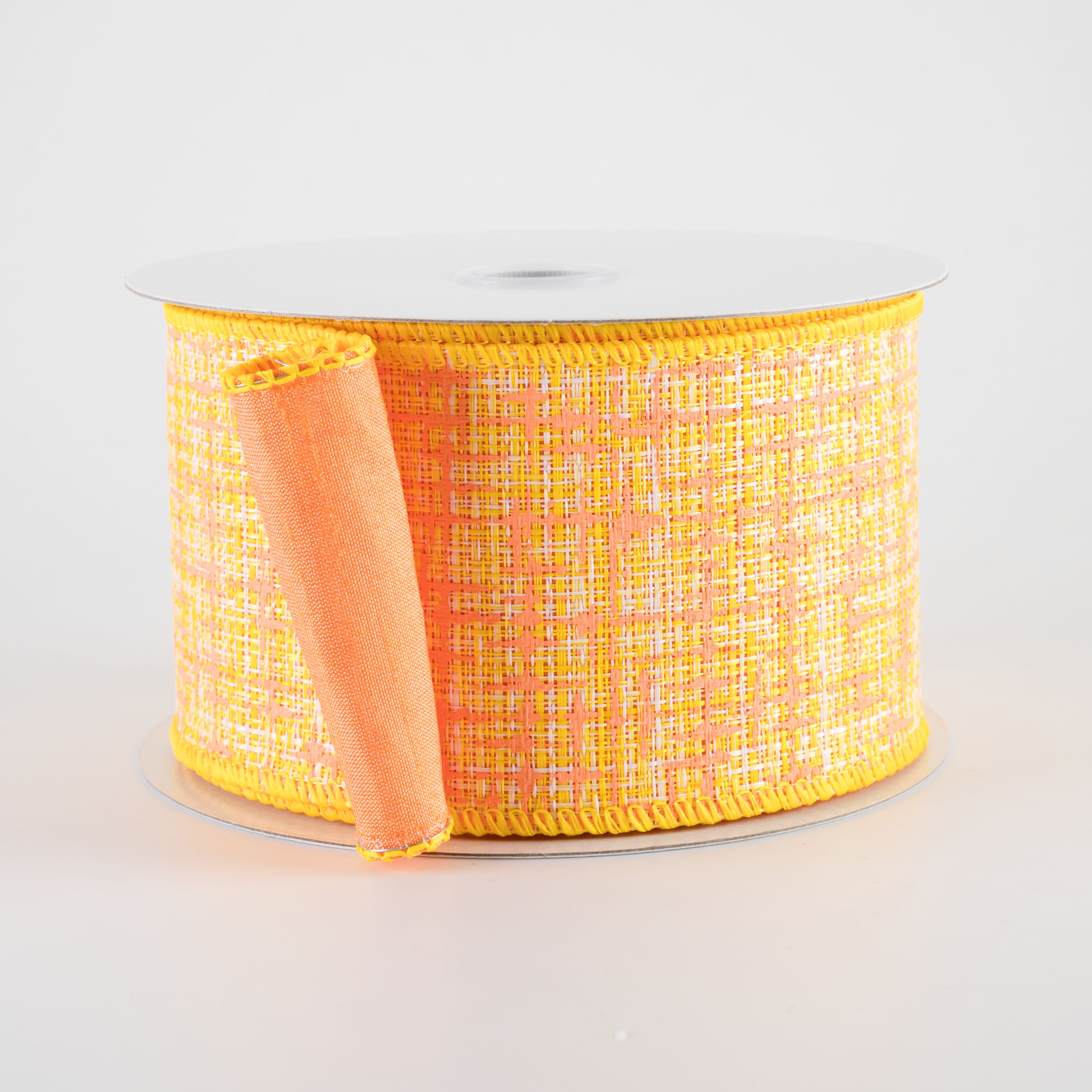 2.5" Double Sided Embellished Tweed & Dupioni Ribbon: Yellow & Peach (10 Yards)