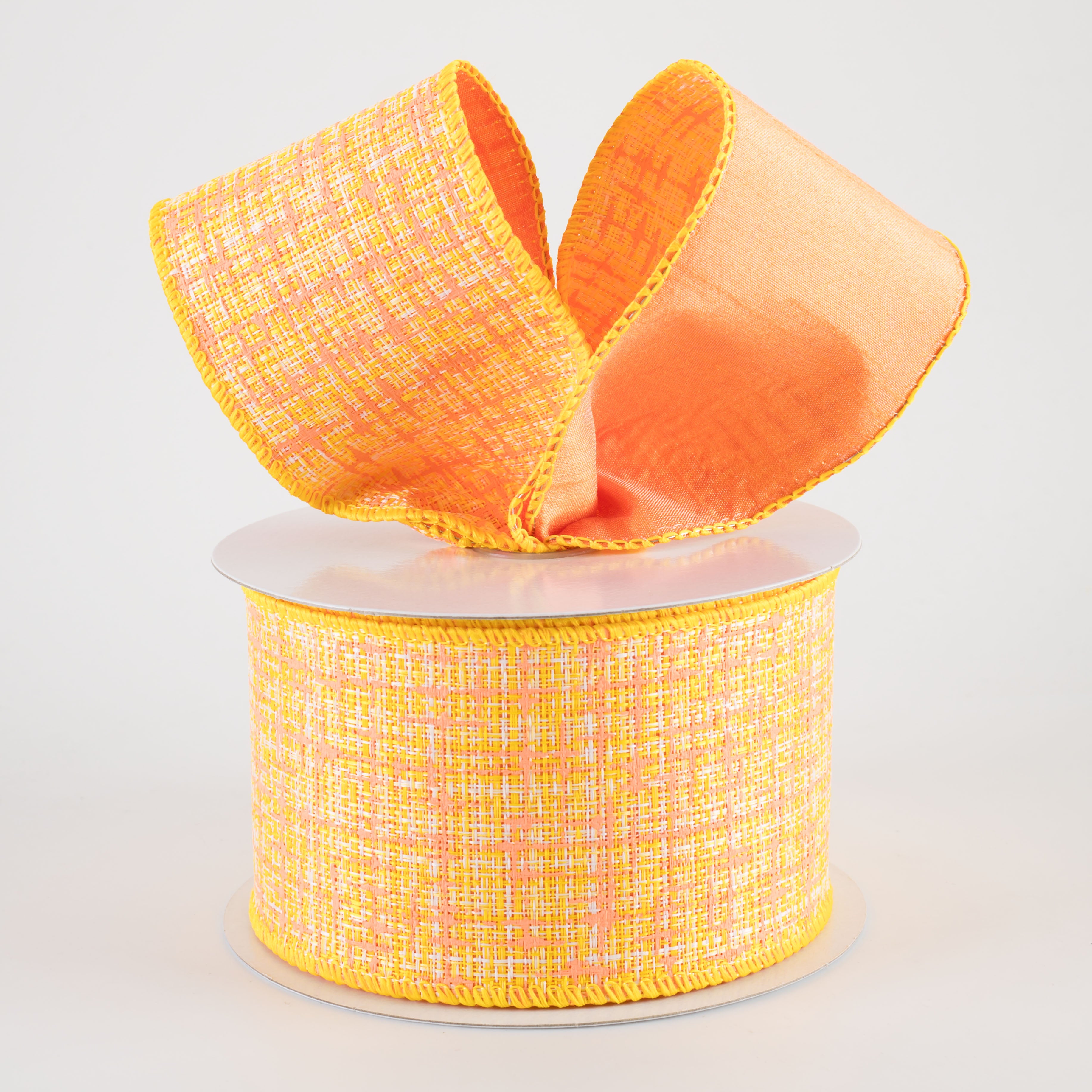 2.5" Double Sided Embellished Tweed & Dupioni Ribbon: Yellow & Peach (10 Yards)