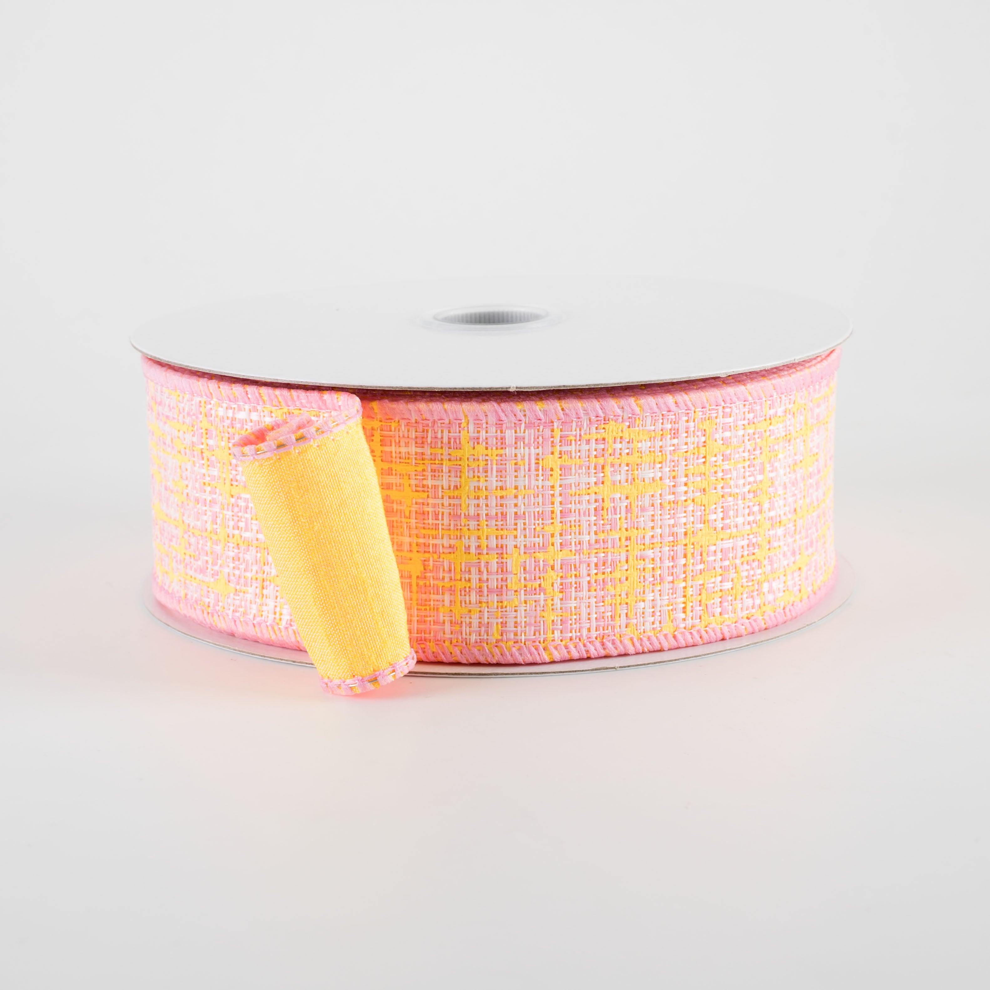 1.5" Double Sided Embellished Tweed & Dupioni Ribbon: Pink & Yellow (10 Yards)