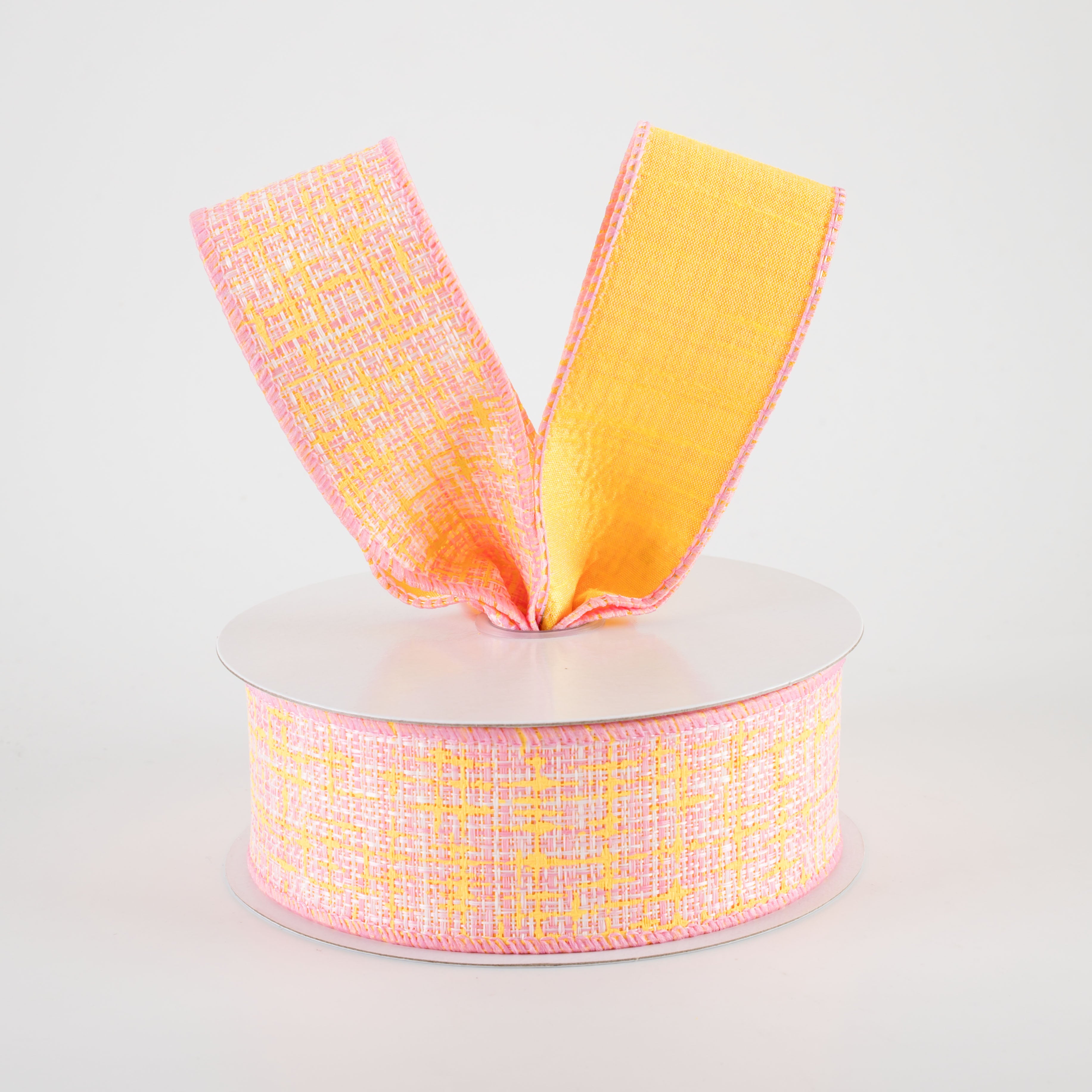 1.5" Double Sided Embellished Tweed & Dupioni Ribbon: Pink & Yellow (10 Yards)