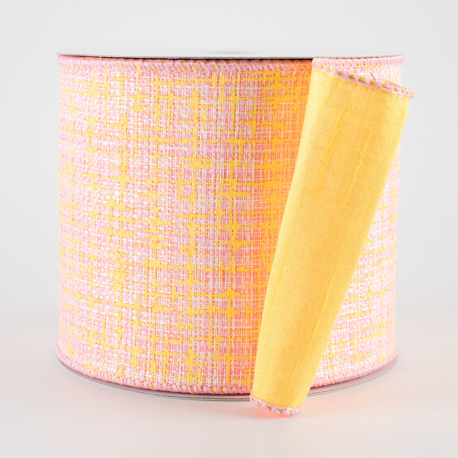 4" Double Sided Embellished Tweed & Dupioni Ribbon: Pink & Yellow (10 Yards)