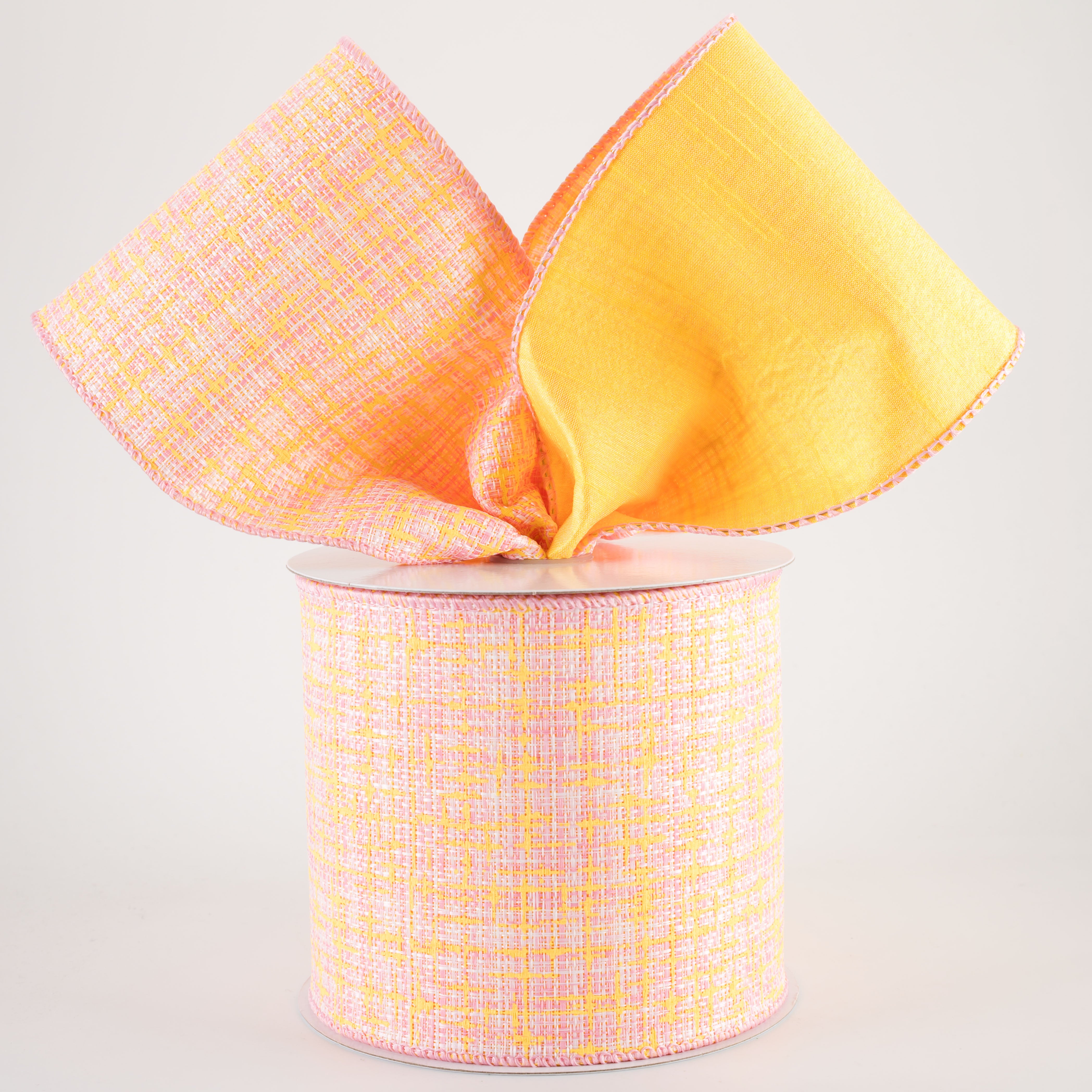 4" Double Sided Embellished Tweed & Dupioni Ribbon: Pink & Yellow (10 Yards)