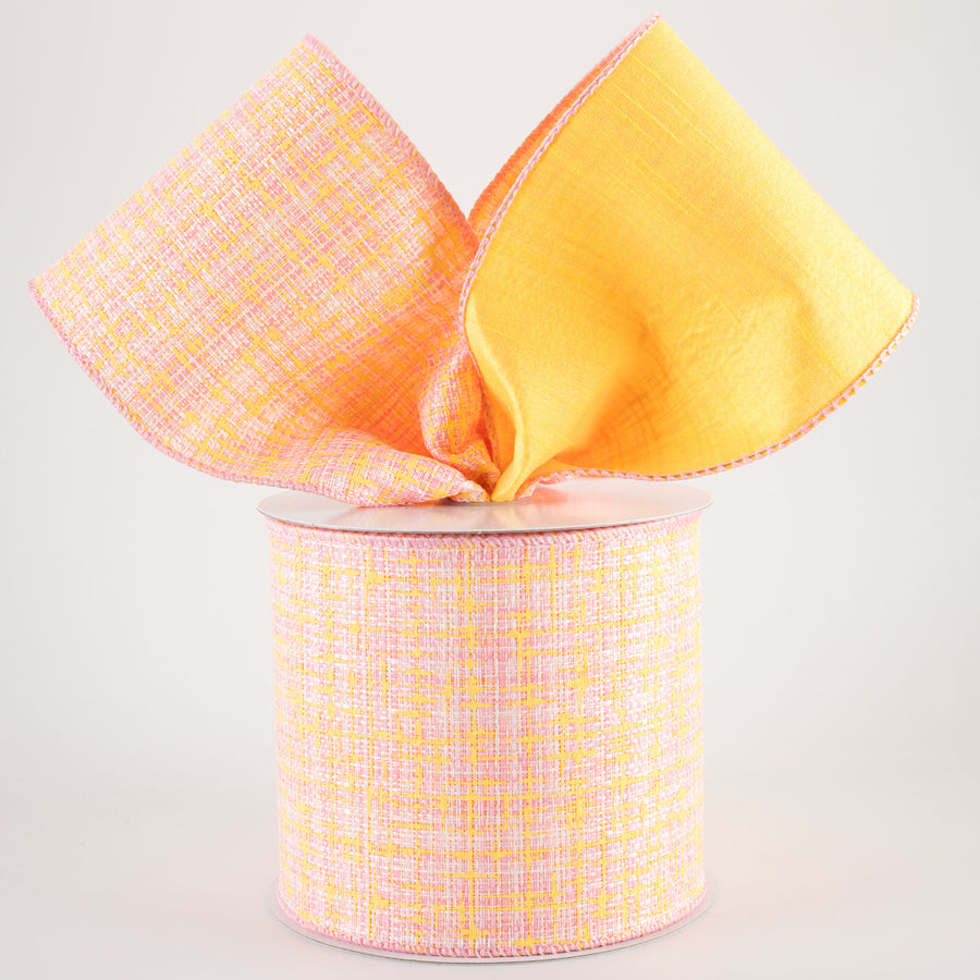 4" Double Sided Embellished Tweed & Dupioni Ribbon: Pink & Yellow (10 Yards)