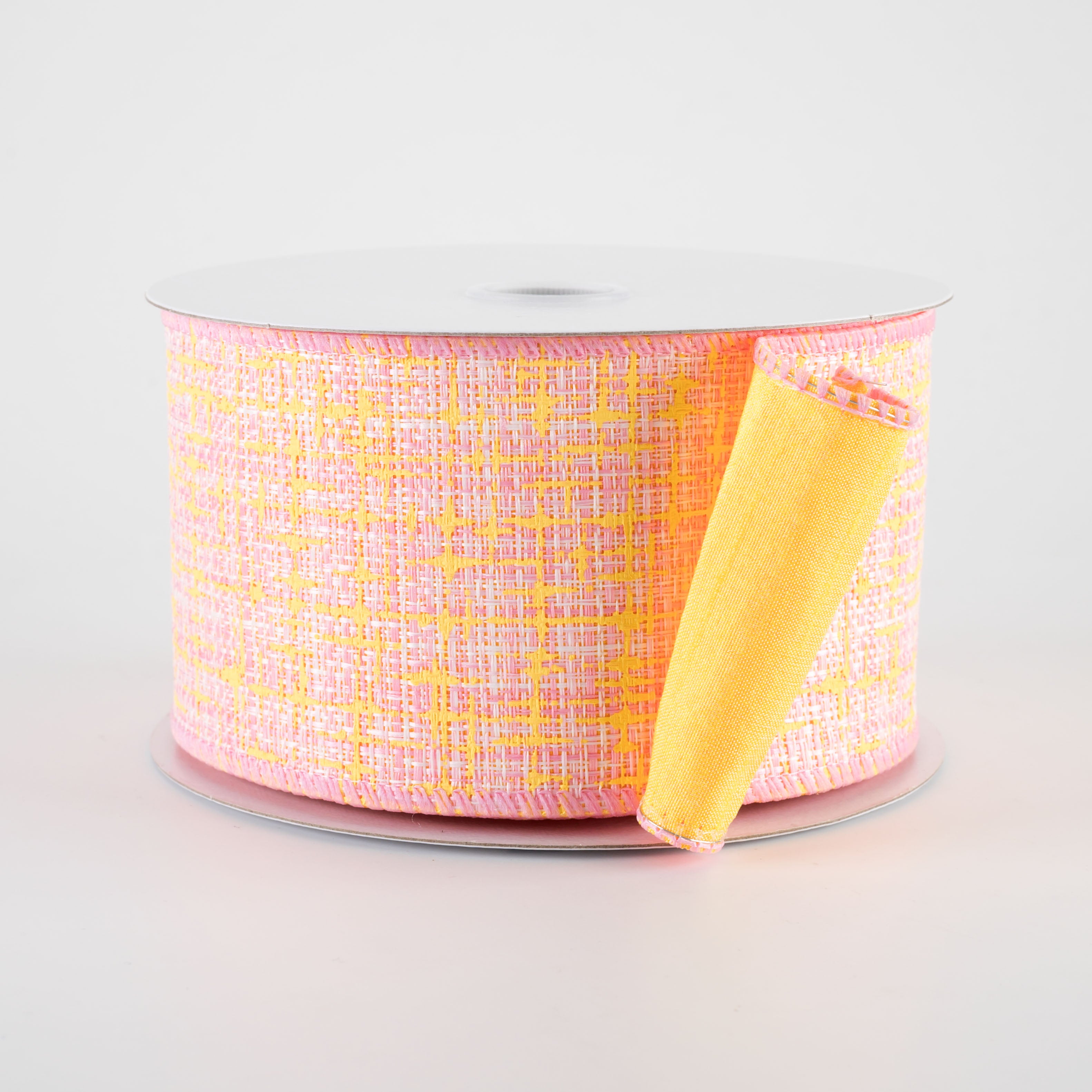 2.5" Double Sided Embellished Tweed & Dupioni Ribbon: Pink & Yellow (10 Yards)