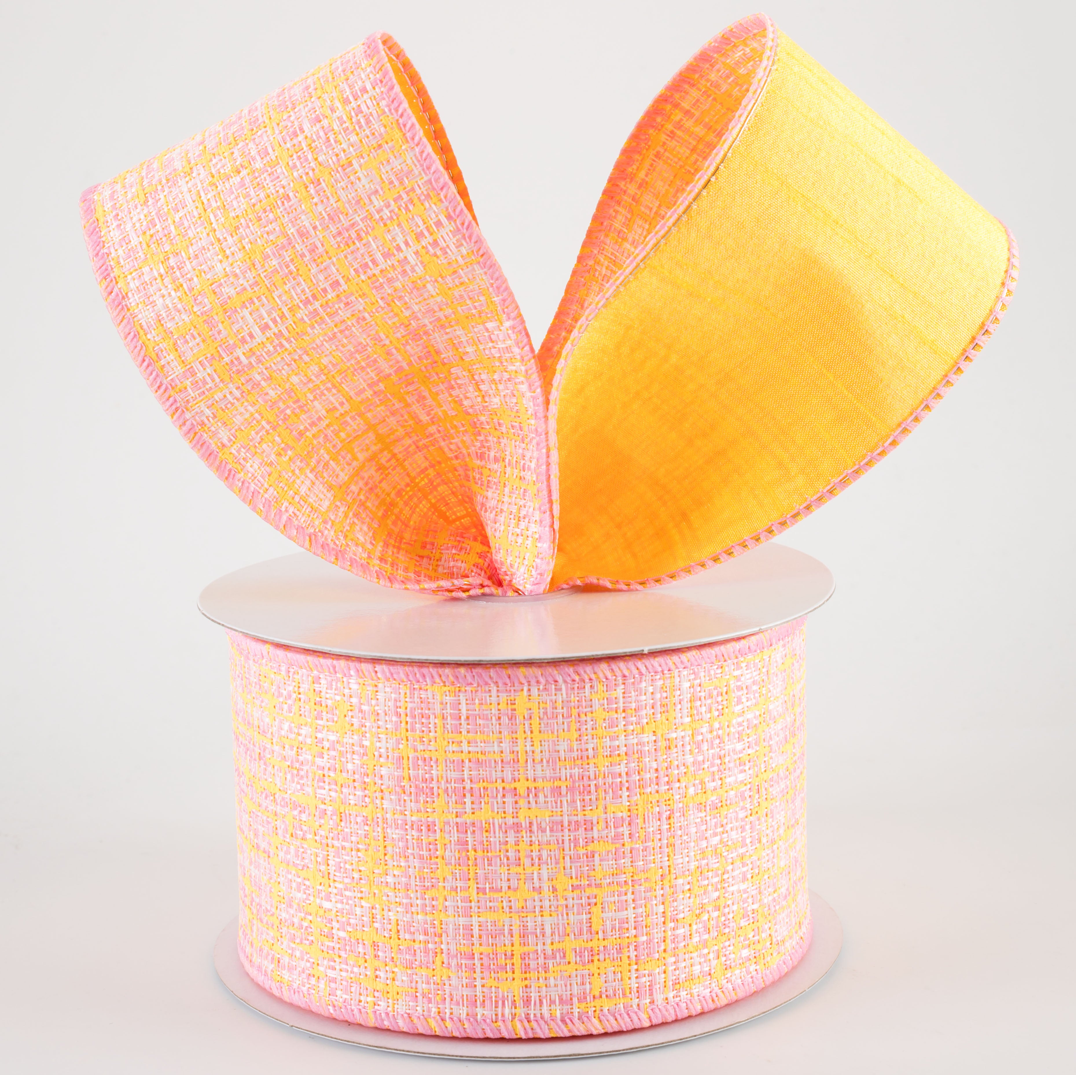 2.5" Double Sided Embellished Tweed & Dupioni Ribbon: Pink & Yellow (10 Yards)