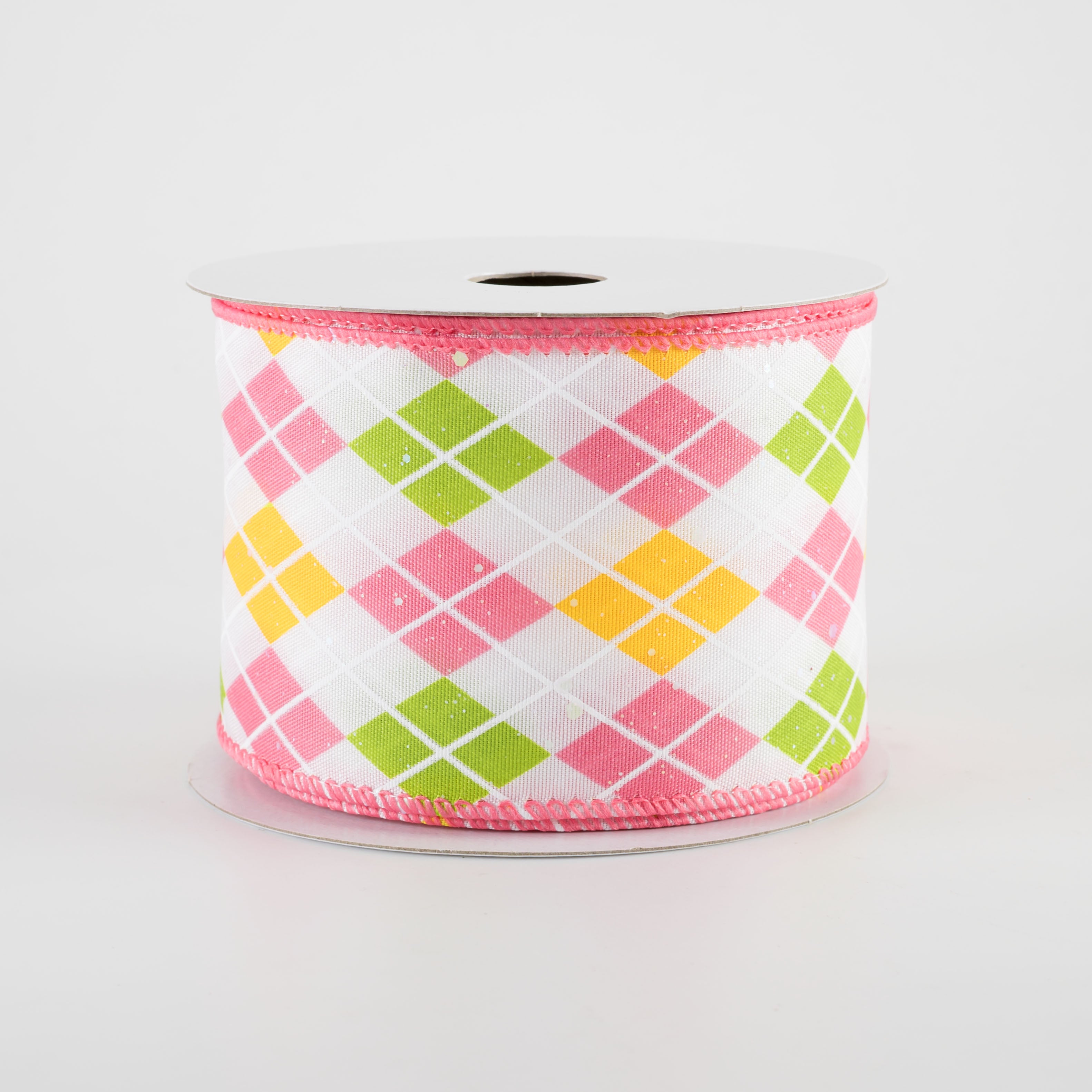 2.5" Iridescent Argyle Ribbon: White, Kiwi, Pink & Yellow (10 Yards)