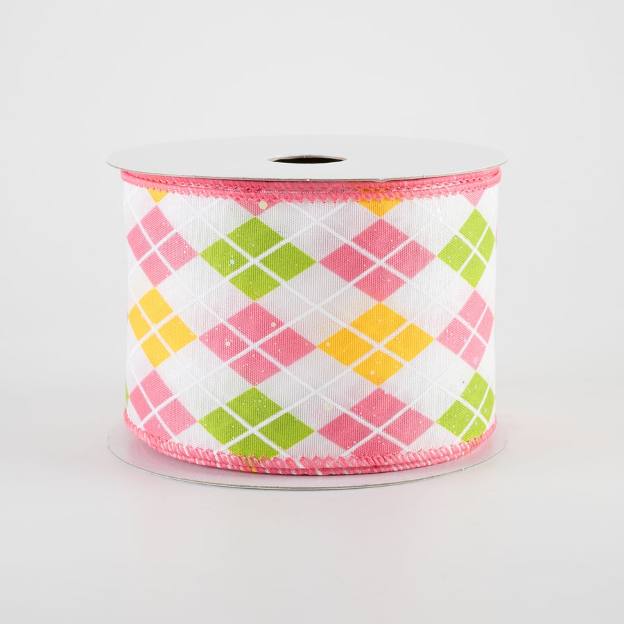 2.5" Iridescent Argyle Ribbon: White, Kiwi, Pink & Yellow (10 Yards)