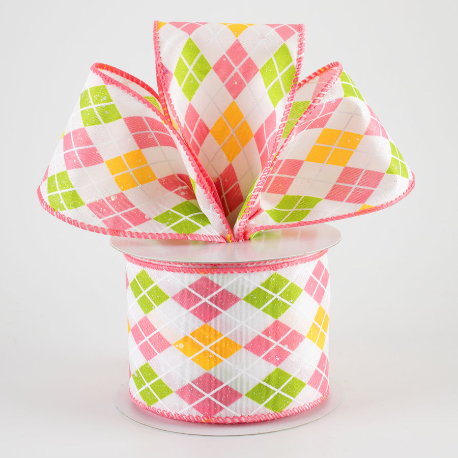 2.5" Iridescent Argyle Ribbon: White, Kiwi, Pink & Yellow (10 Yards)