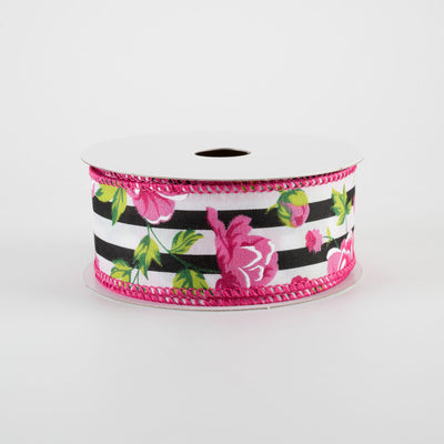 1.5" Fuchsia Pink Peonies on Cabana Stripe Ribbon: Black & White (10 Yards)
