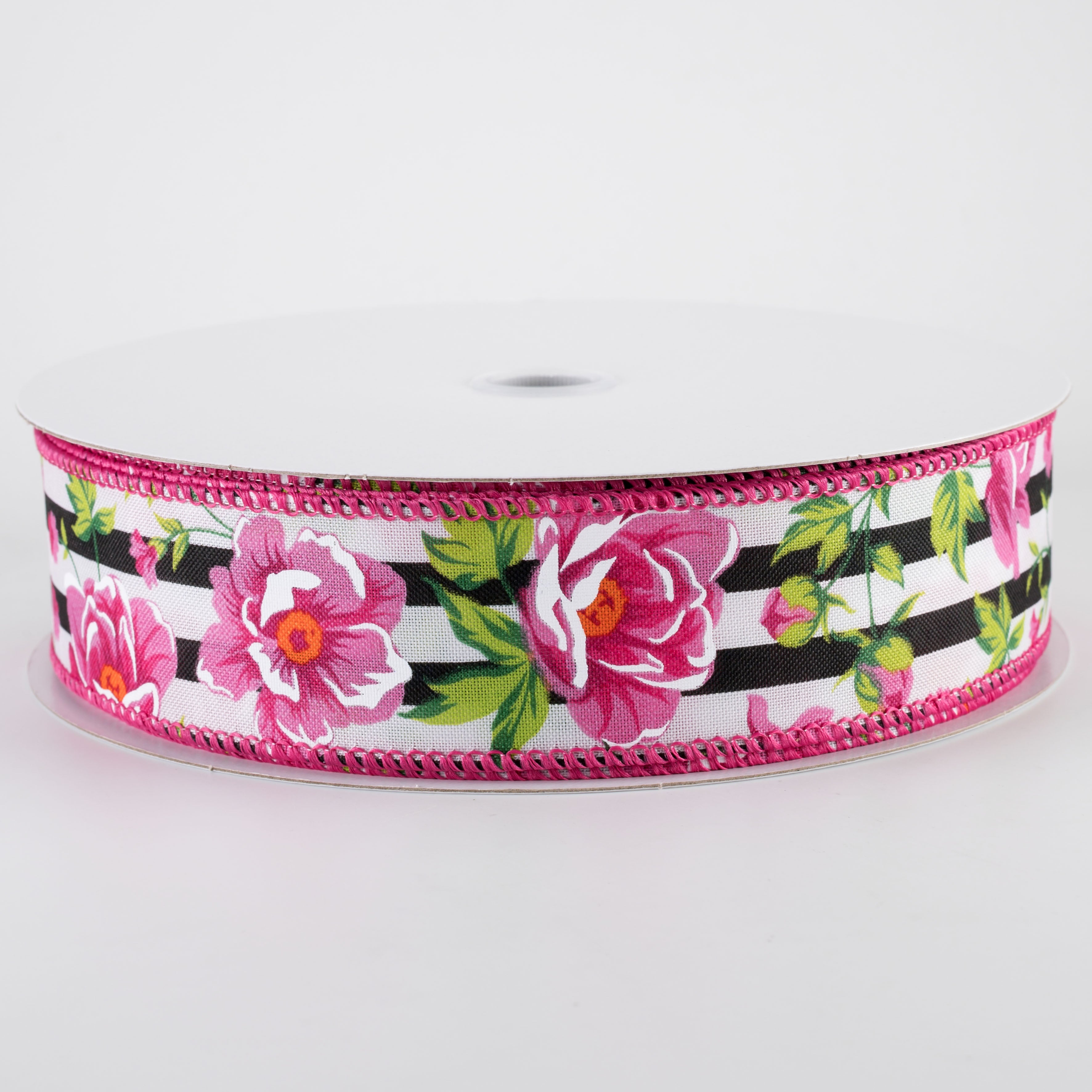 1.5" Fuchsia Pink Peonies on Cabana Stripe Ribbon: Black & White (50 Yards)