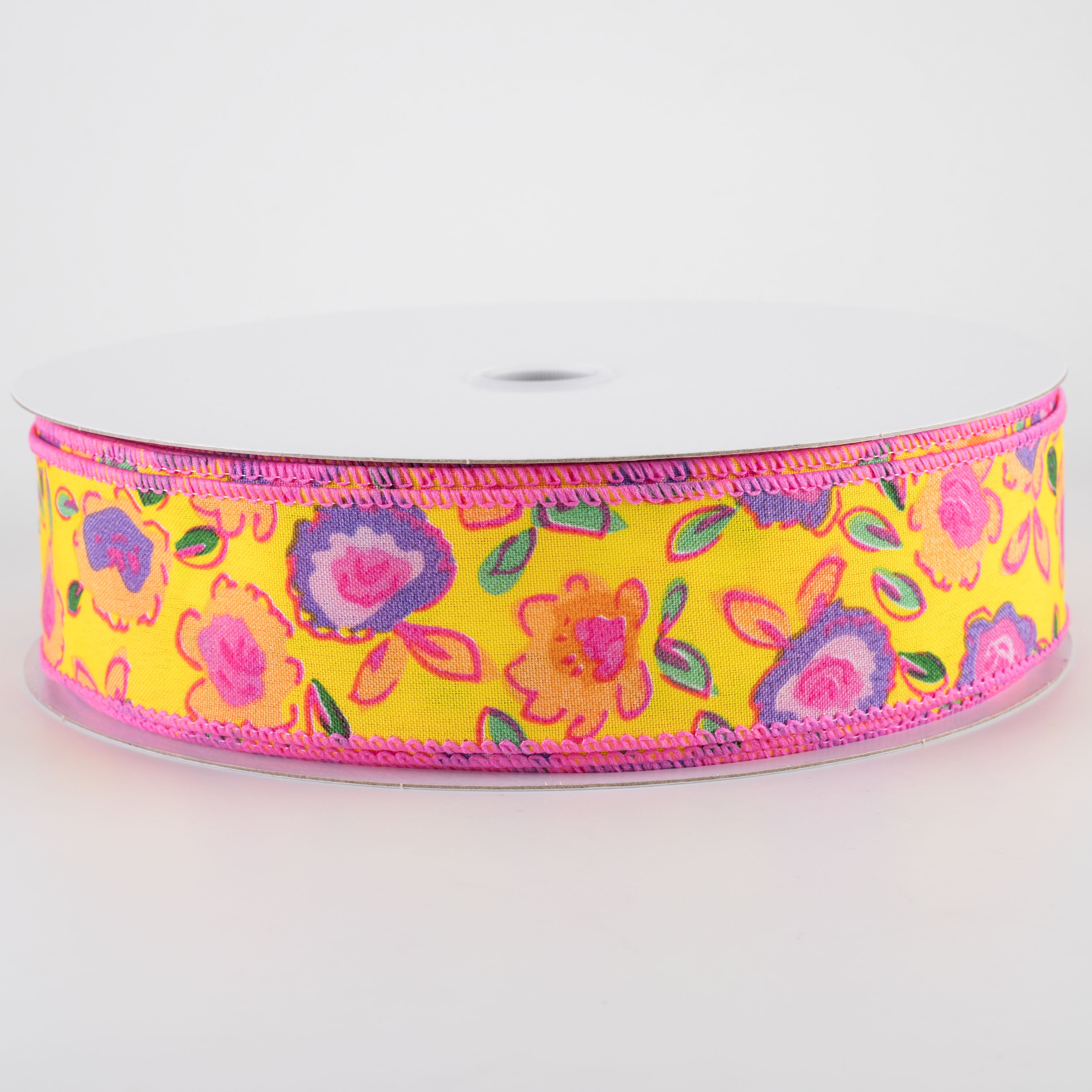 1.5" Funky Flowers Ribbon: Neon on Yellow (50 Yards)