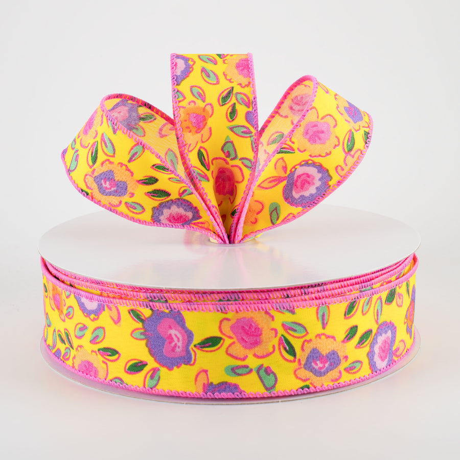 1.5" Funky Flowers Ribbon: Neon on Yellow (50 Yards)