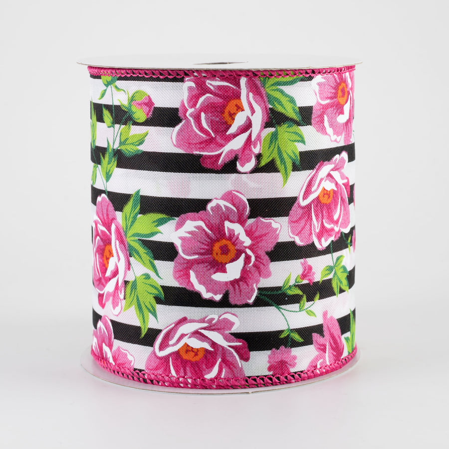 4" Fuchsia Pink Peonies on Cabana Stripe Ribbon: Black & White (10 Yards)