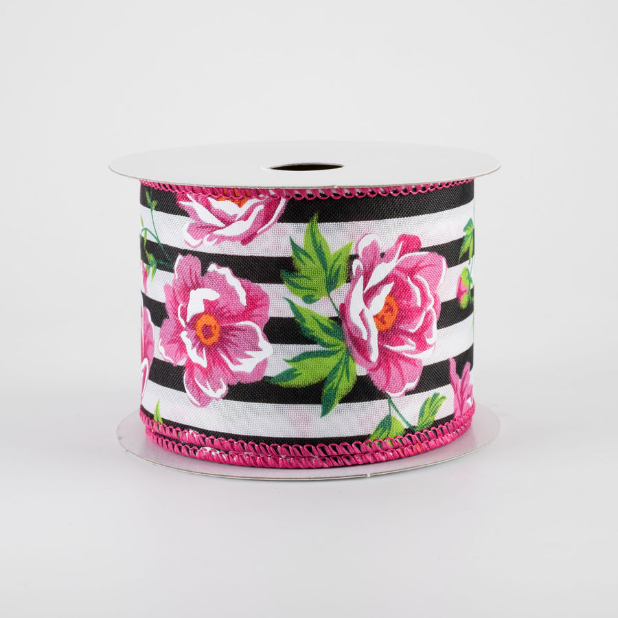 2.5" Fuchsia Pink Peonies on Cabana Stripe Ribbon: Black & White (10 Yards)
