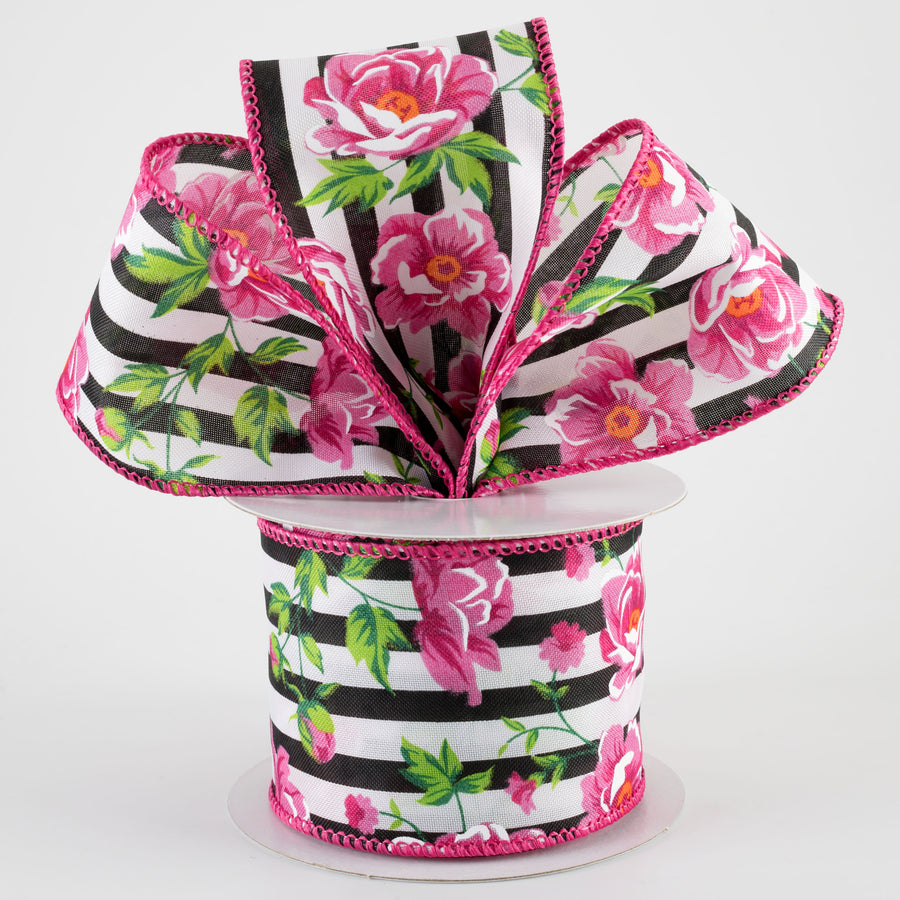 2.5" Fuchsia Pink Peonies on Cabana Stripe Ribbon: Black & White (10 Yards)