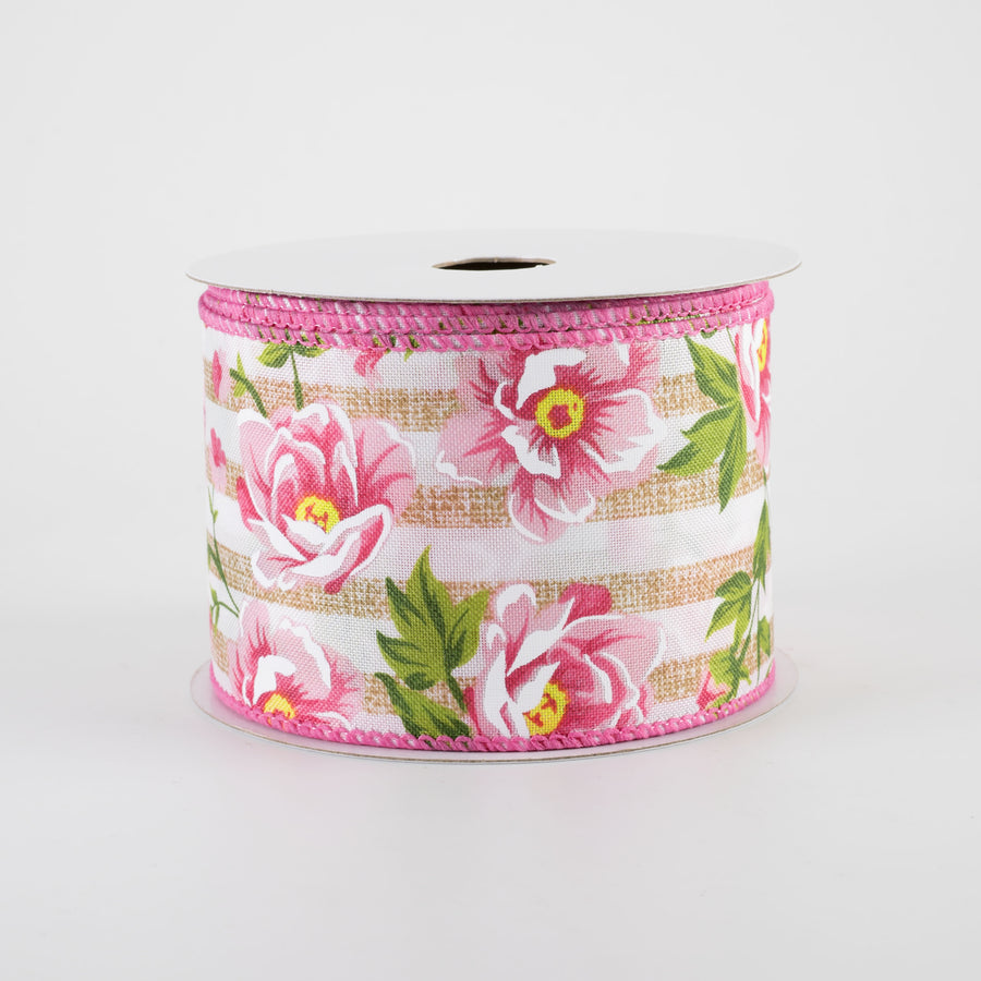 2.5" Pink Peonies on Cabana Stripe Ribbon: Tan & White (10 Yards)