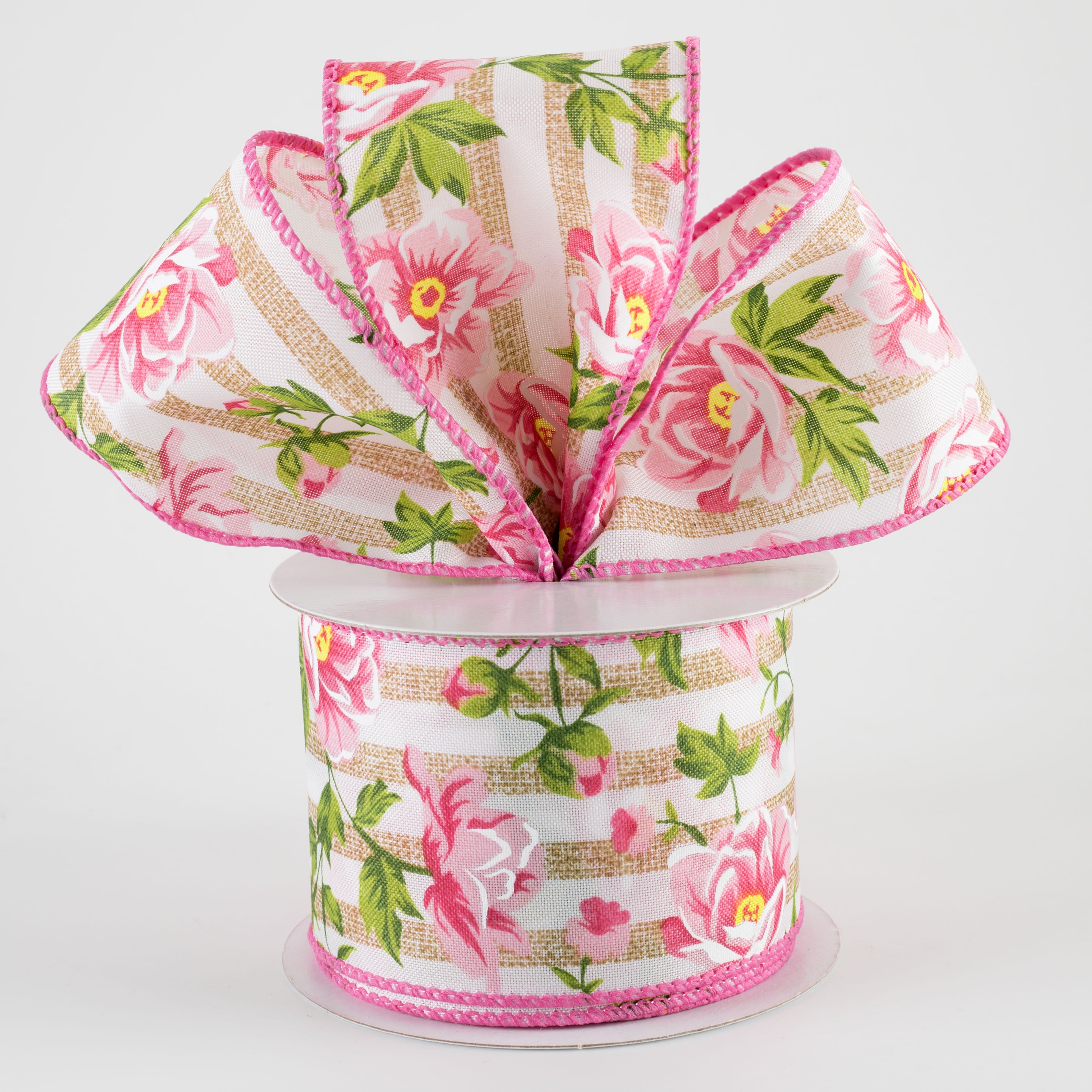 2.5" Pink Peonies on Cabana Stripe Ribbon: Tan & White (10 Yards)