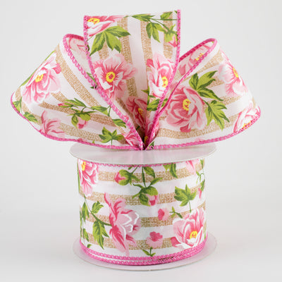 2.5" Pink Peonies on Cabana Stripe Ribbon: Tan & White (10 Yards)