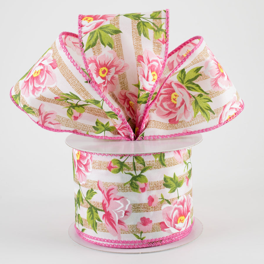 2.5" Pink Peonies on Cabana Stripe Ribbon: Tan & White (10 Yards)
