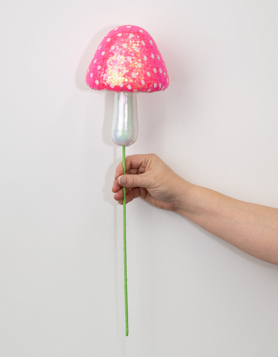 20" Sequin Polkadot Iridescent Mushroom Pick: Pink