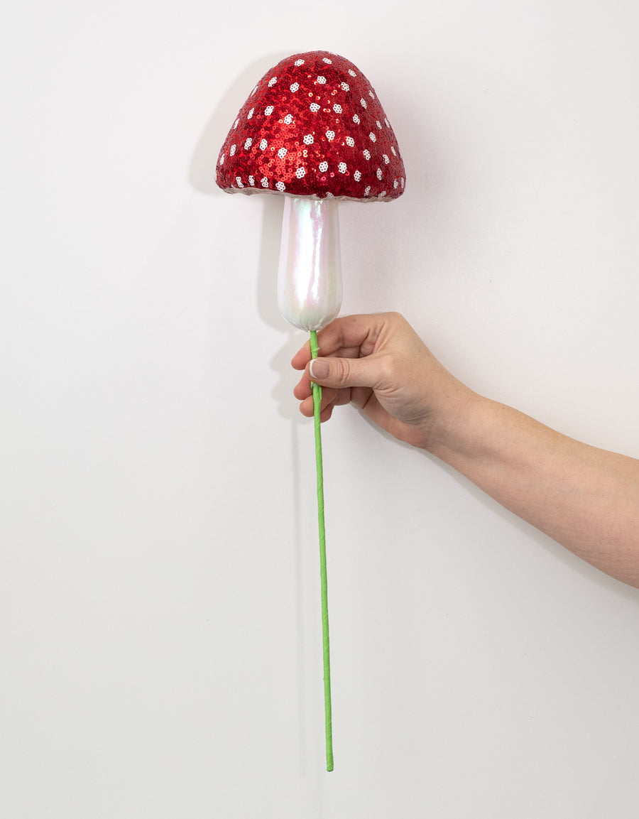20" Sequin Polkadot Iridescent Mushroom Pick: Red