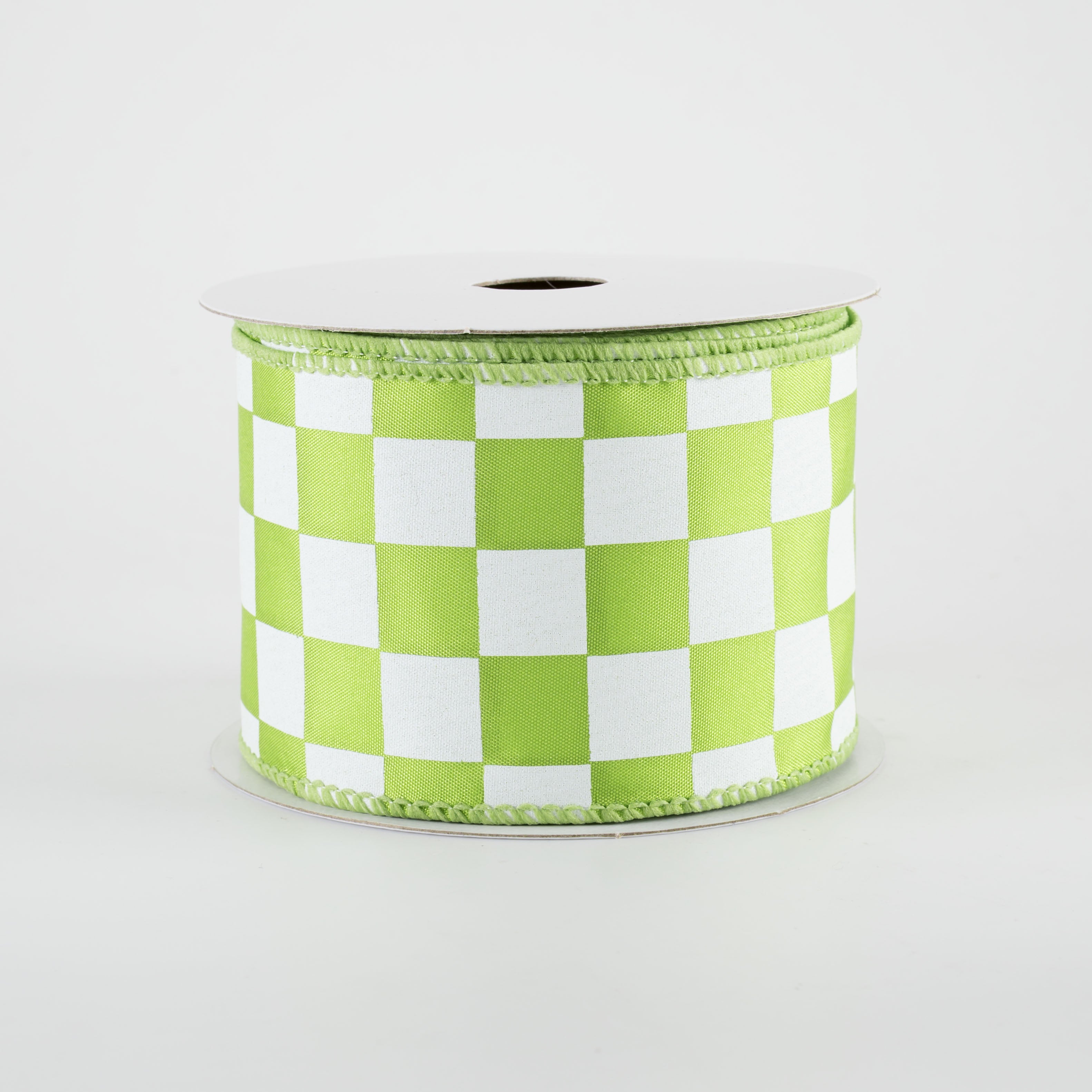 2.5" Satin Race Check Ribbon: Lime Green & White (10 Yards)