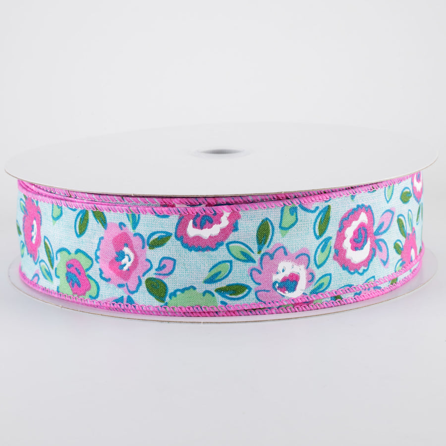 1.5" Funky Flowers Ribbon: Fuchsia Pink on Aqua Blue (50 Yards)