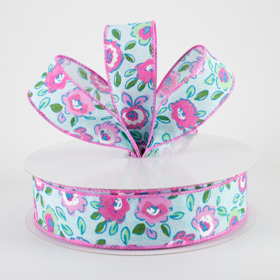 1.5" Funky Flowers Ribbon: Fuchsia Pink on Aqua Blue (50 Yards)