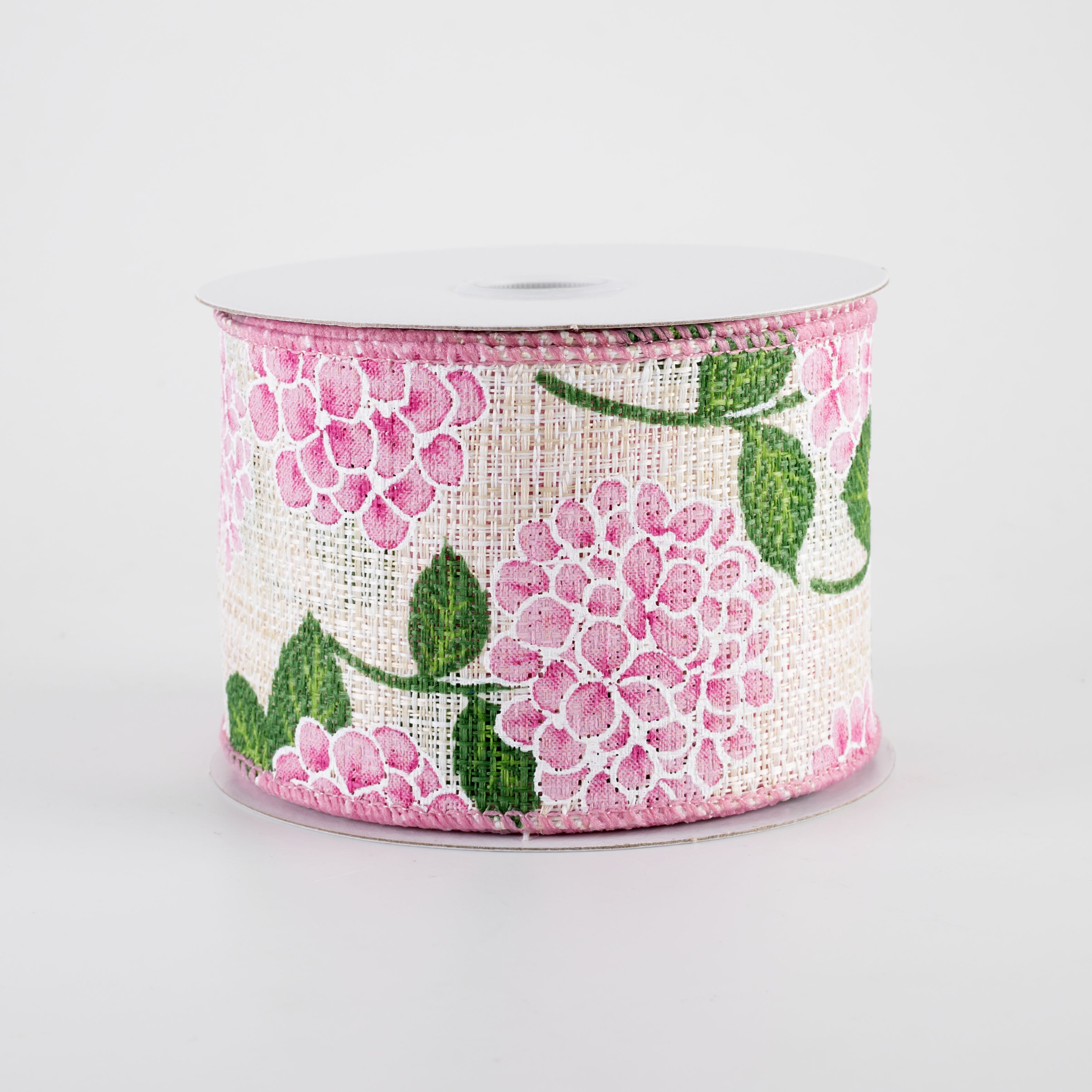 2.5" Tweed Hydrangeas Ribbon: Mauve Pink on Natural (10 Yards)